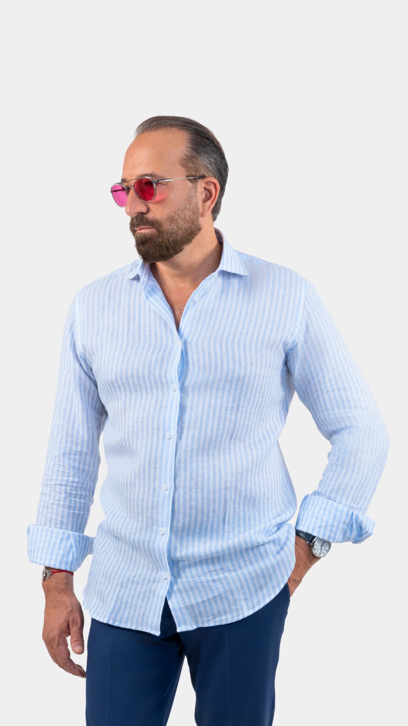 Napoli Sky-Blue Linen Striped Shirt - Gabriel Collezione