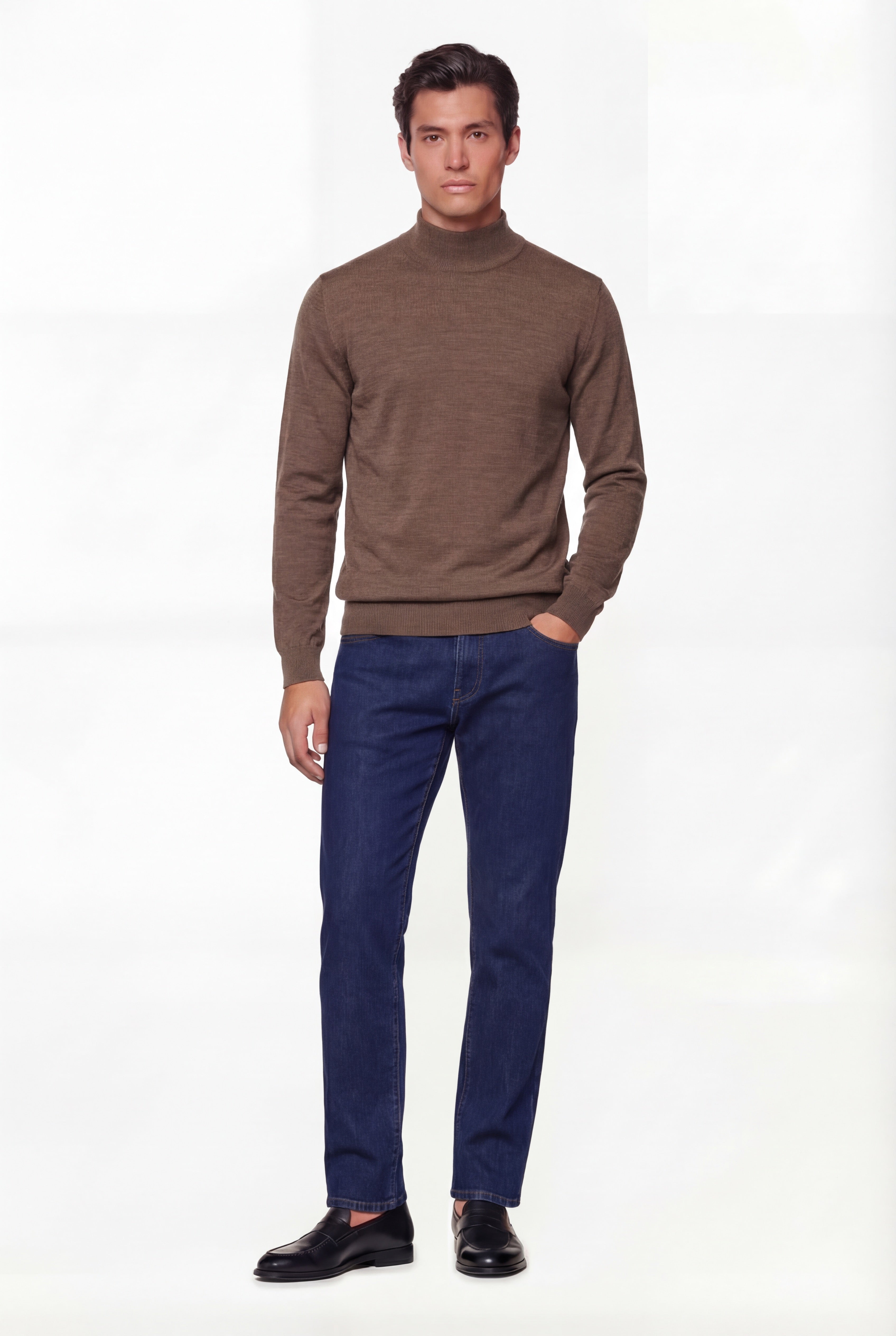 Pull en maille à col montant – Marron – Laine mérinos extra-fine