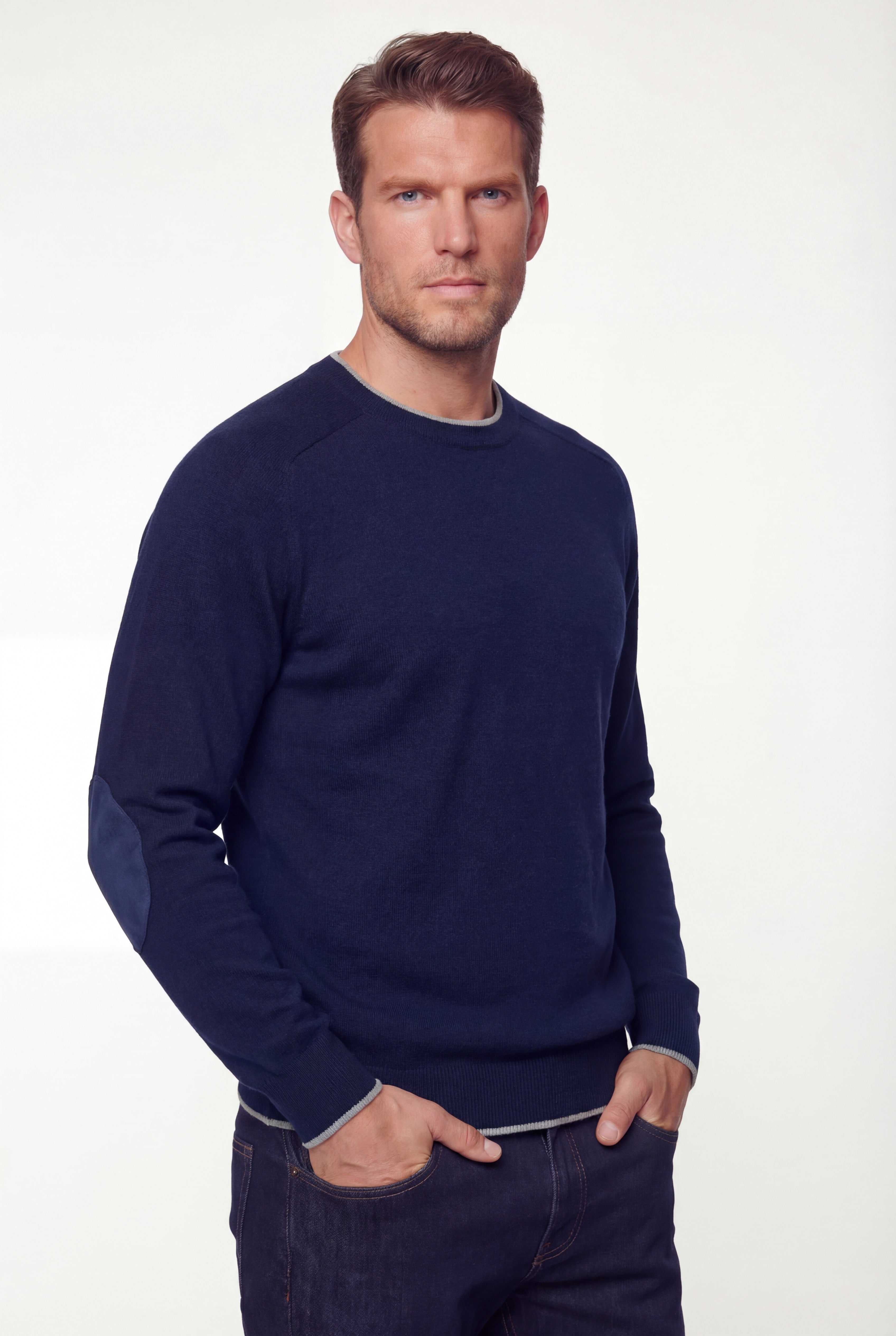 Crew Neck Knit Sweater – Navy Blue – Merino Wool & Cashmere - Gabriel Collezione