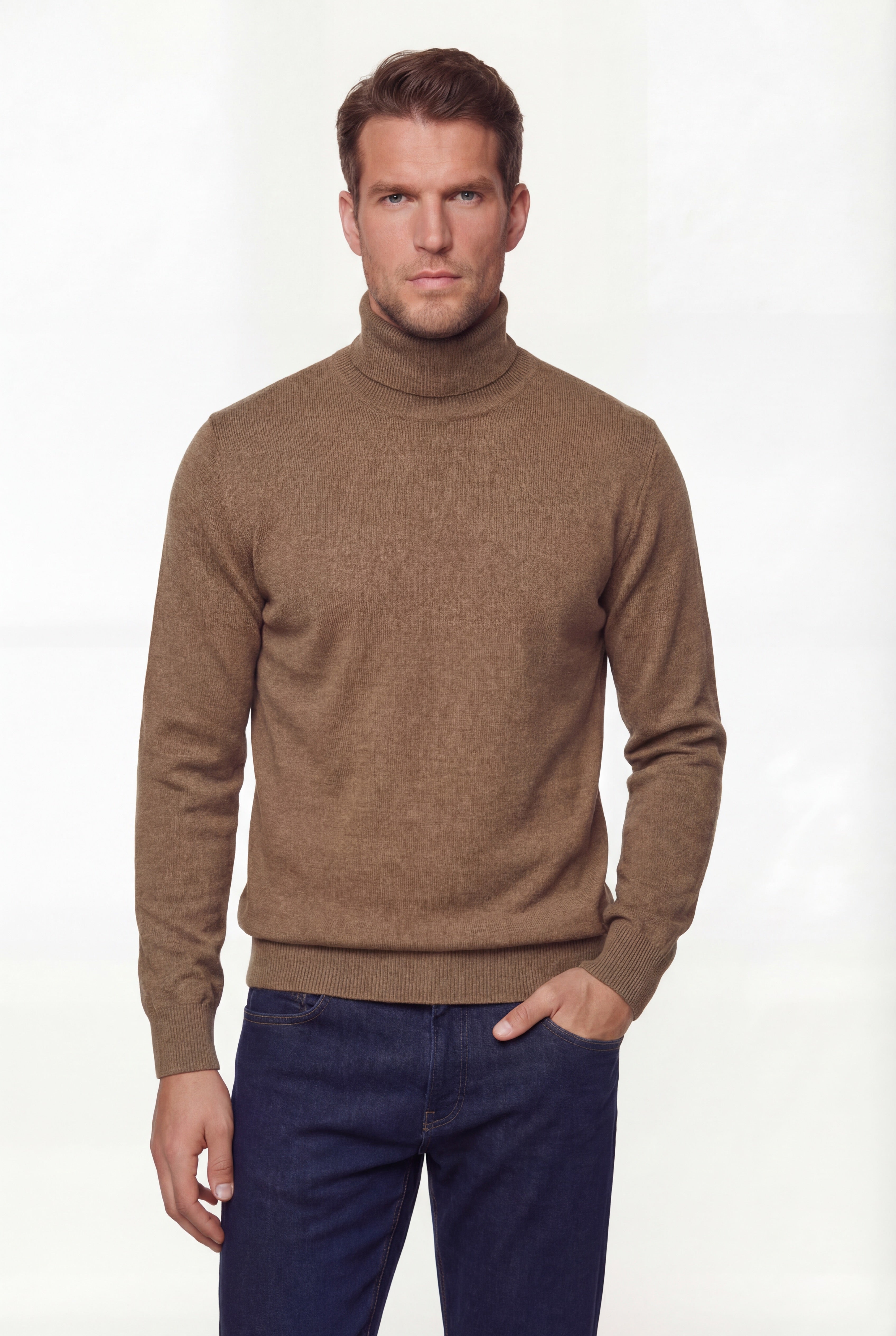 Turtleneck Knit Sweater – Camel – Extra-Fine Merino Wool