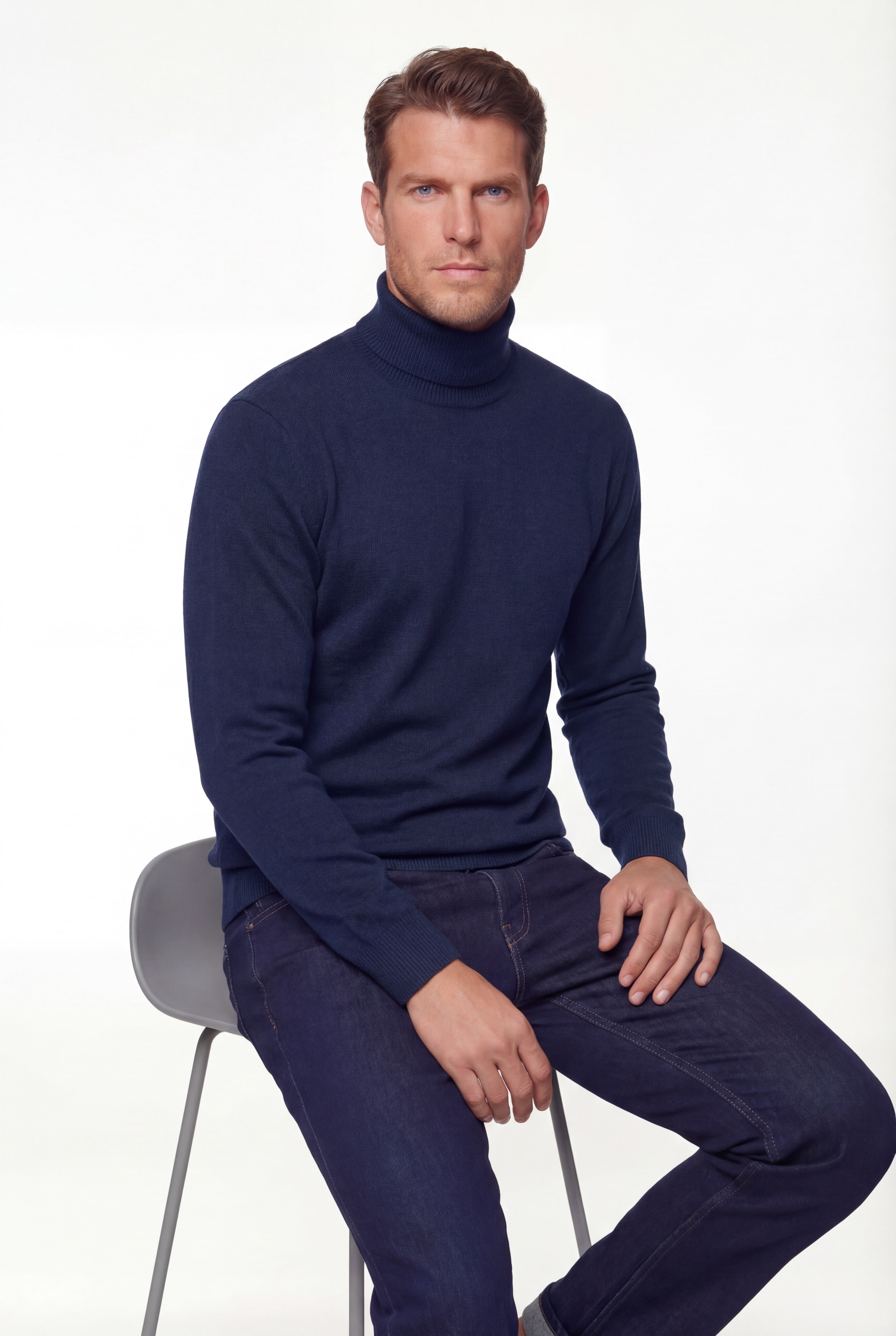 Turtleneck Knit Sweater – Navy Blue – Extra-Fine Merino Wool - Gabriel Collezione