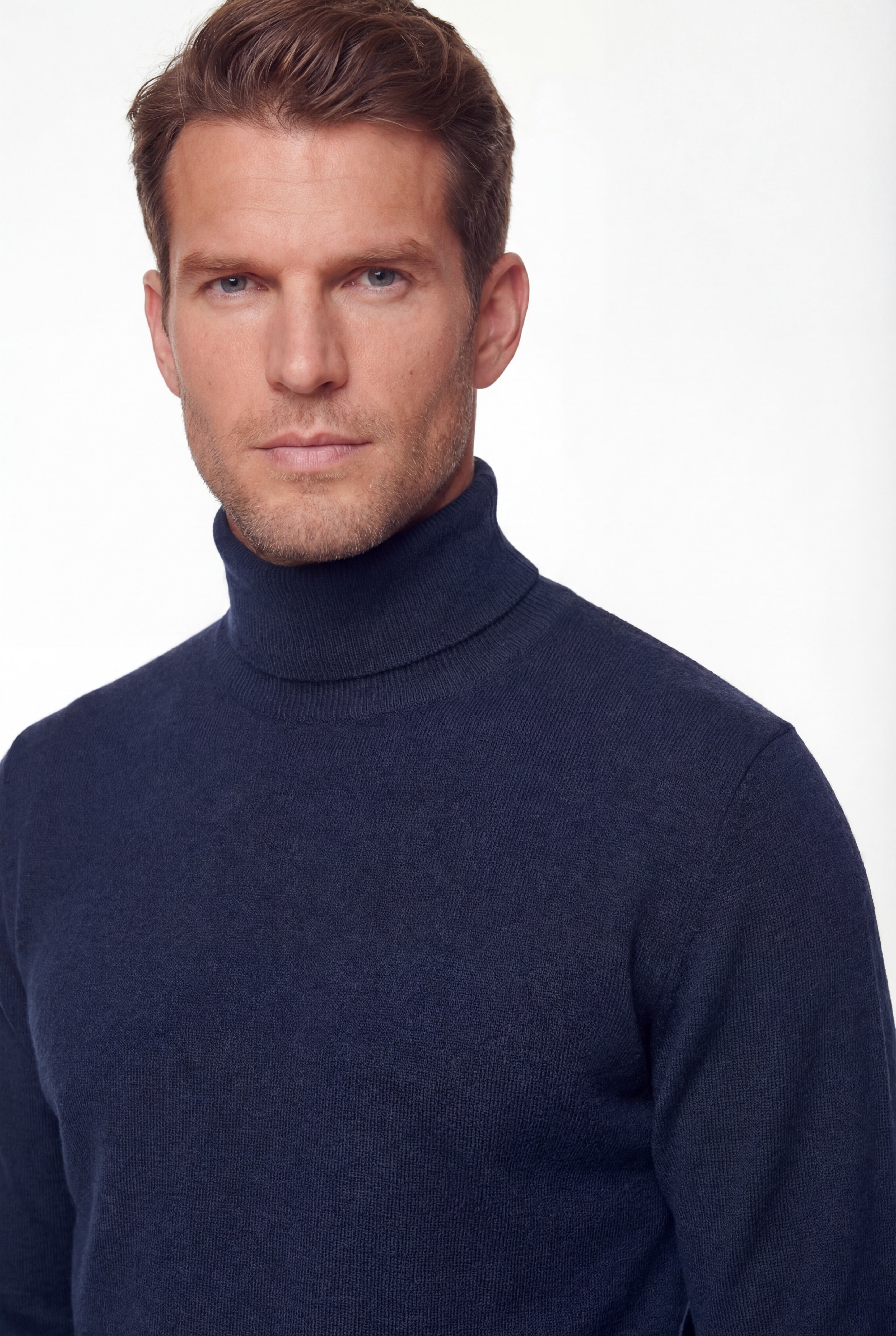 Turtleneck Knit Sweater – Navy Blue – Extra-Fine Merino Wool - Gabriel Collezione