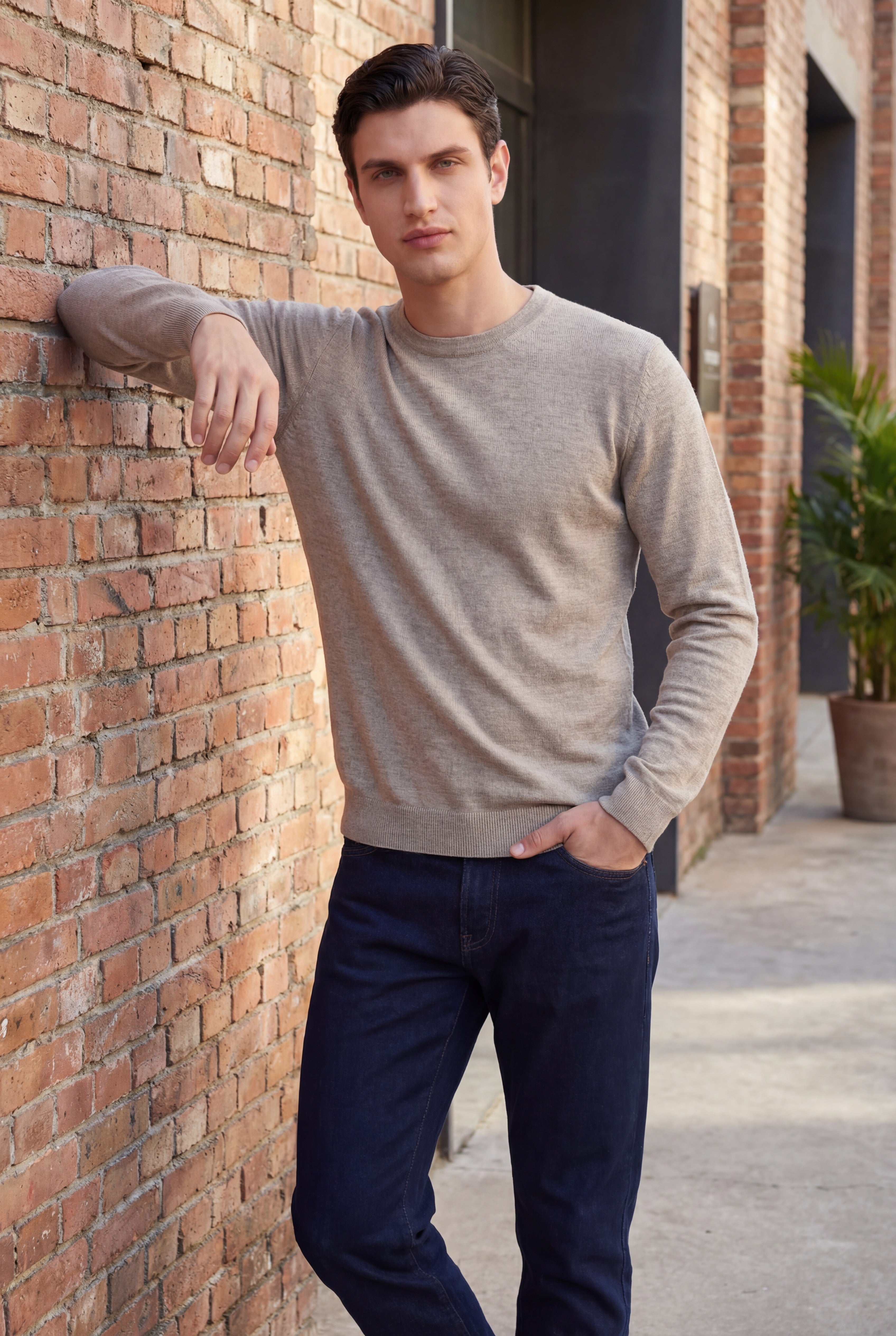 Pull à col rond – Sable – Mélange laine et soie