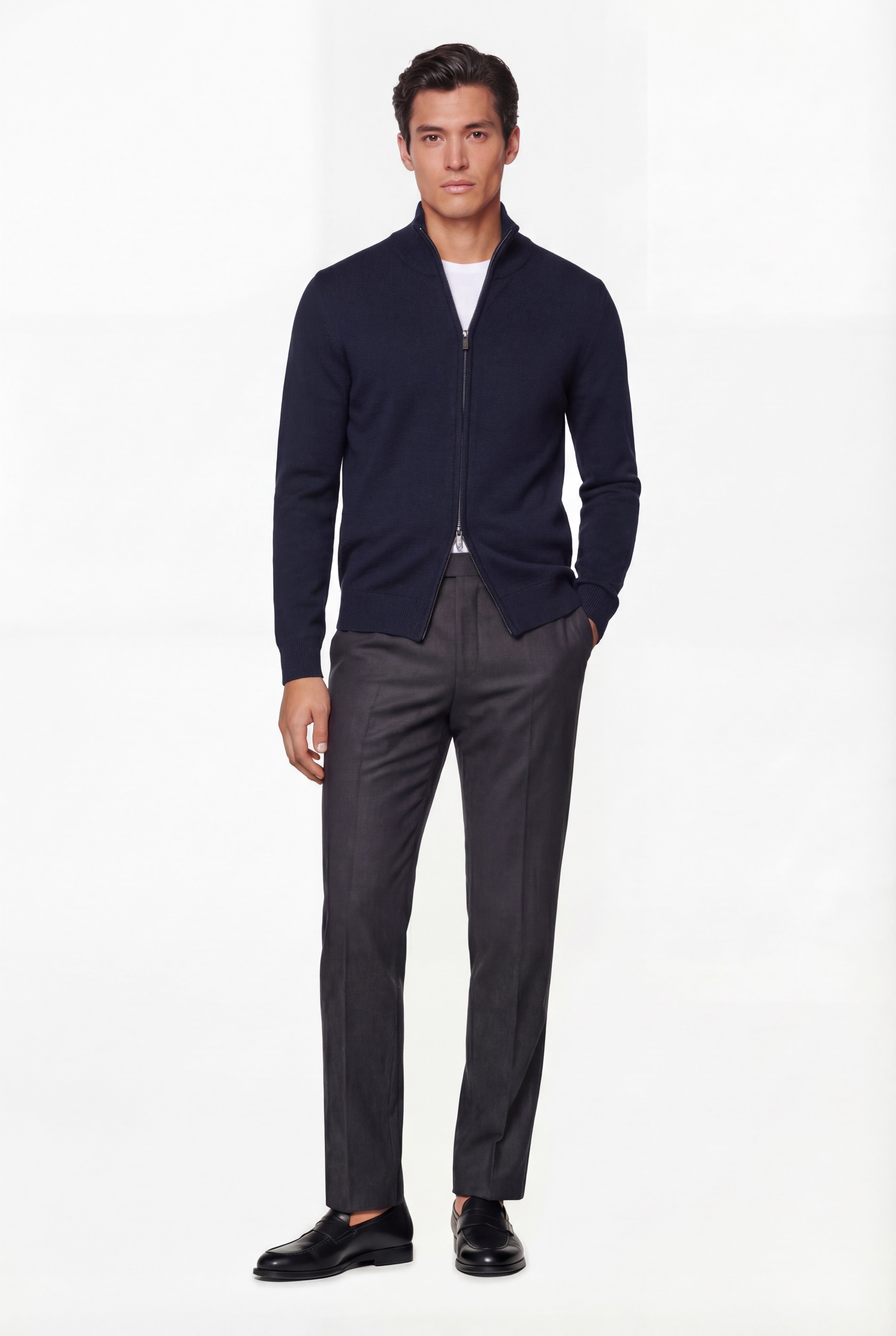 Zip Knit Cardigan – Navy Blue – 100% Extra-Fine Merino Wool - Gabriel Collezione