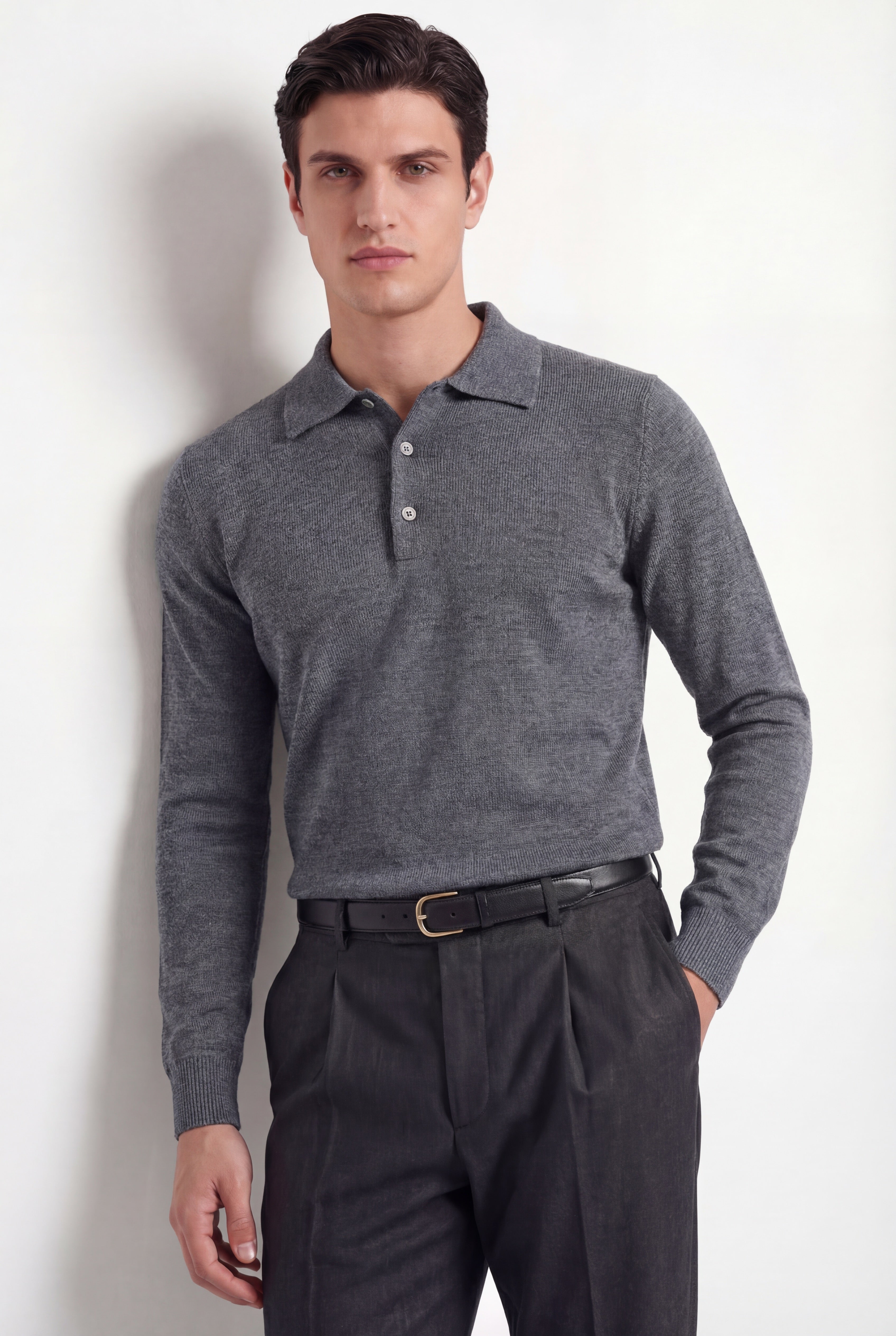 Merino Knit Polo – Mid Grey – 100% Superfine Virgin Wool - Gabriel Collezione