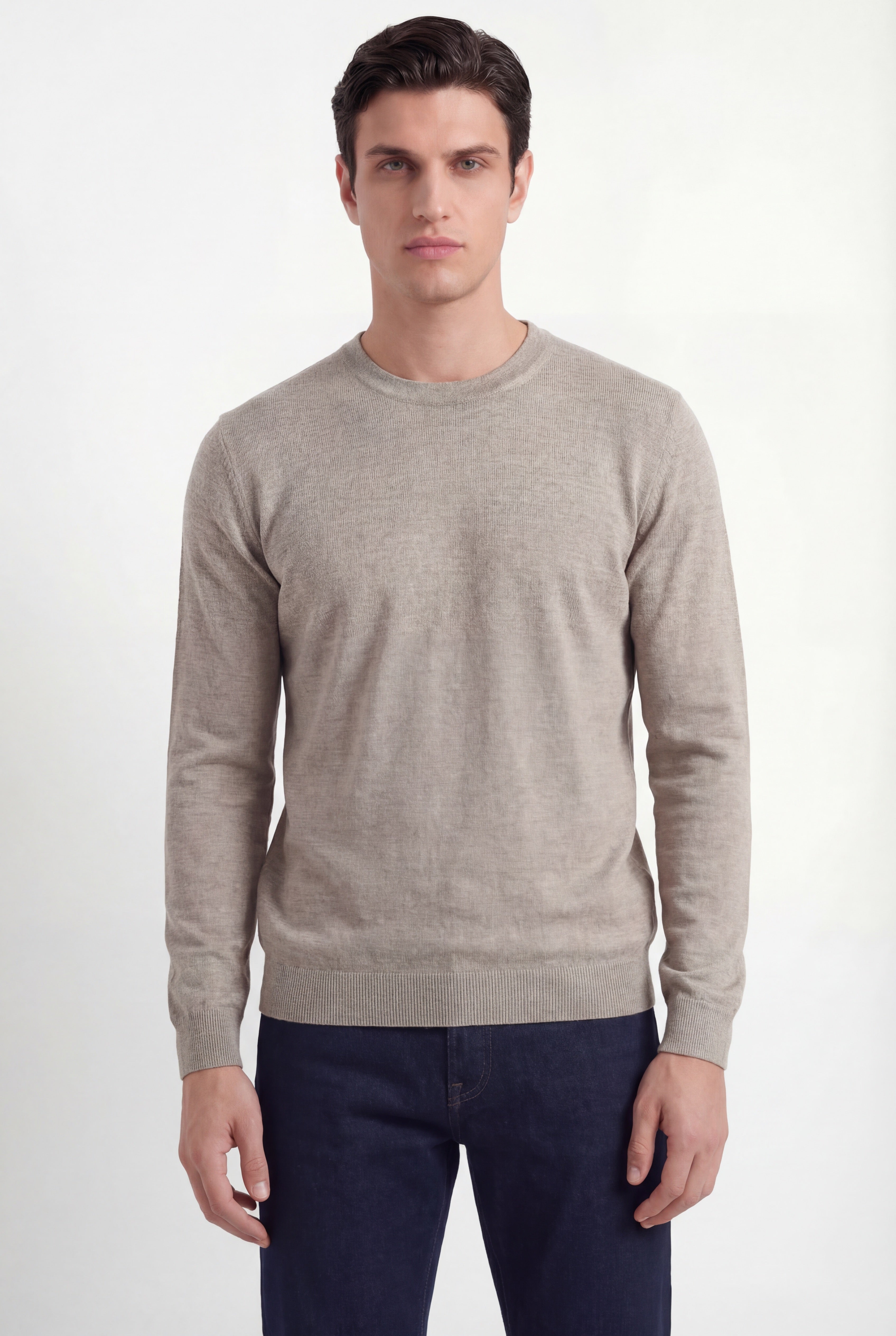 Pull à col rond – Sable – Mélange laine et soie