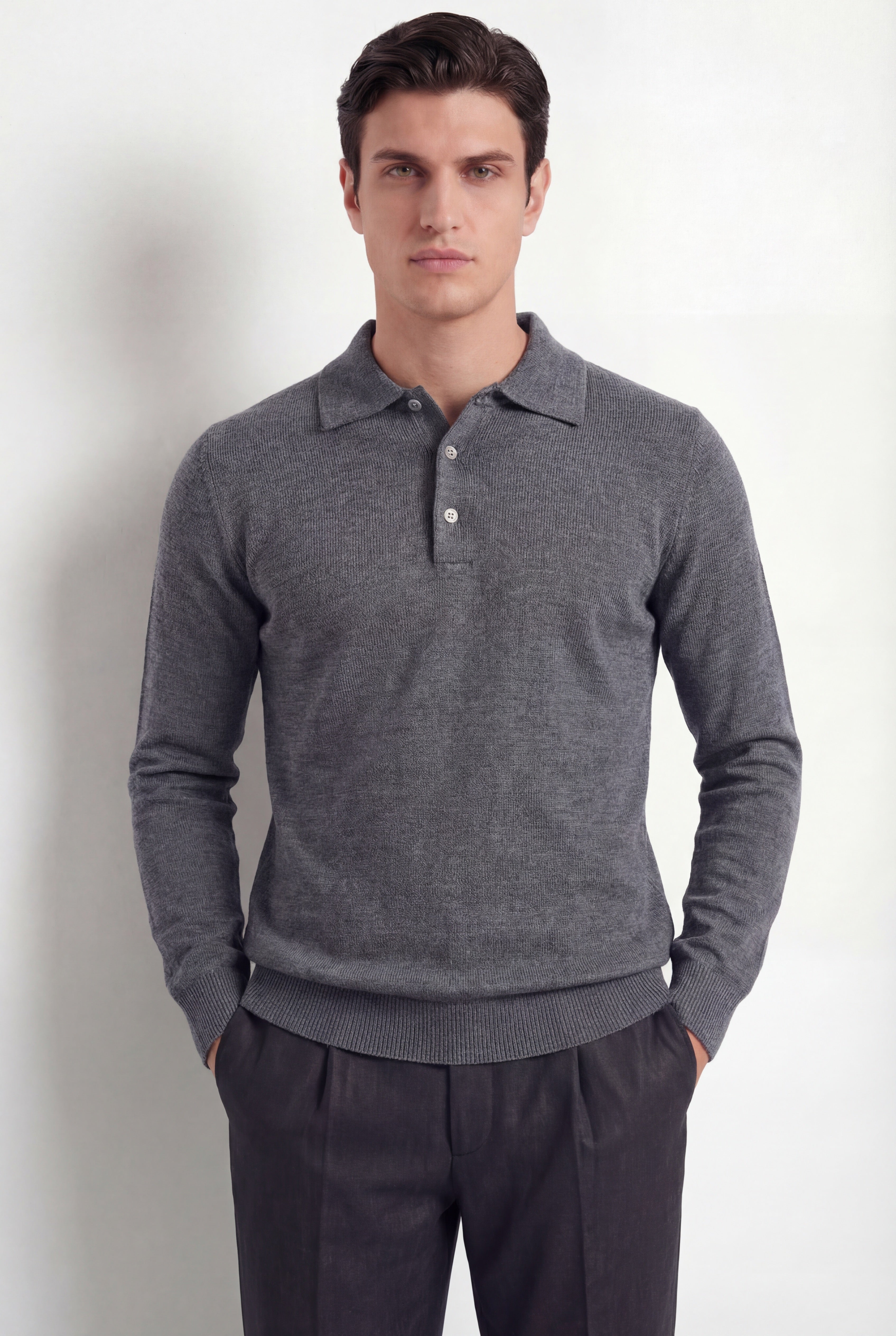 Merino Knit Polo – Mid Grey – 100% Superfine Virgin Wool - Gabriel Collezione