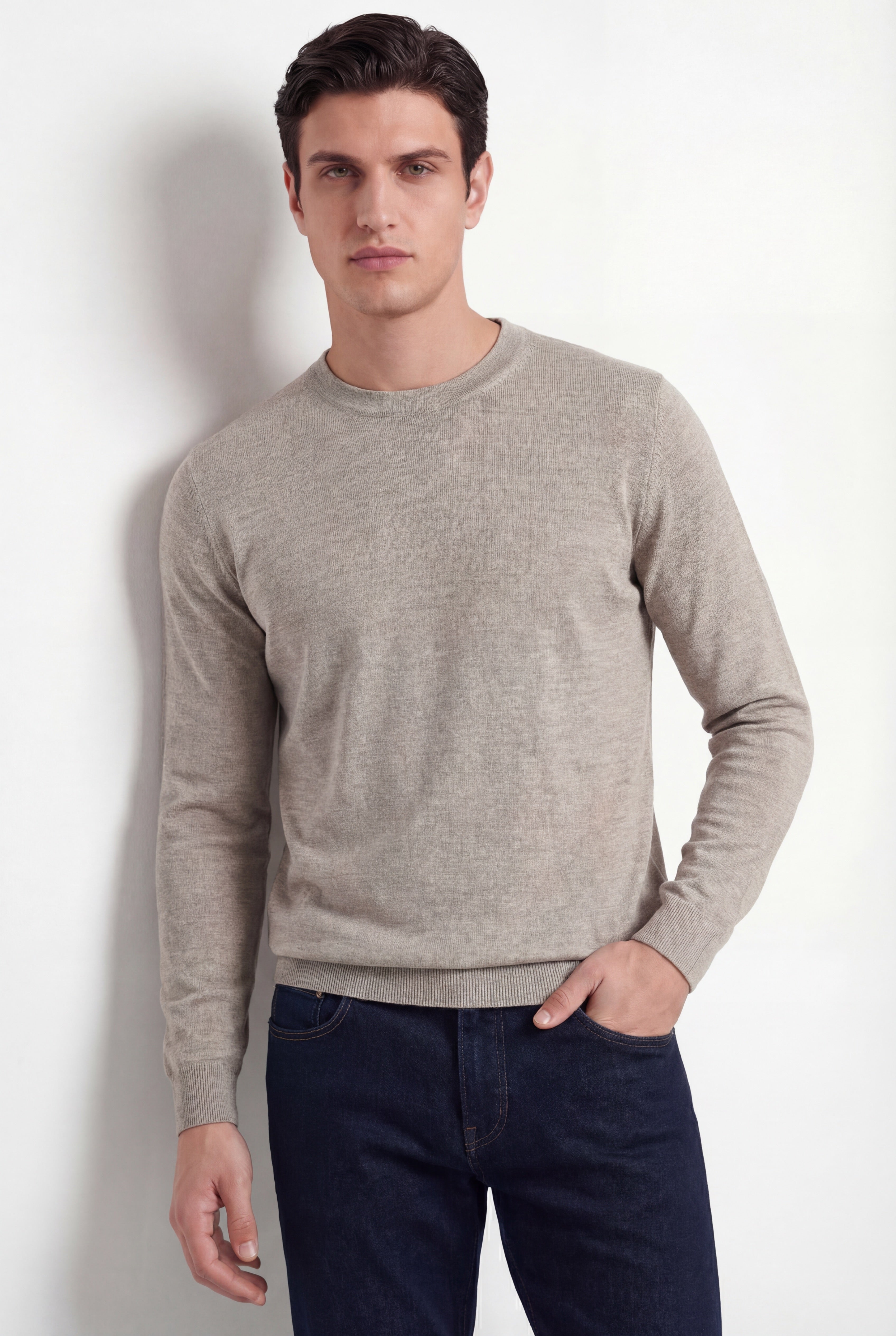 Pull à col rond – Sable – Mélange laine et soie