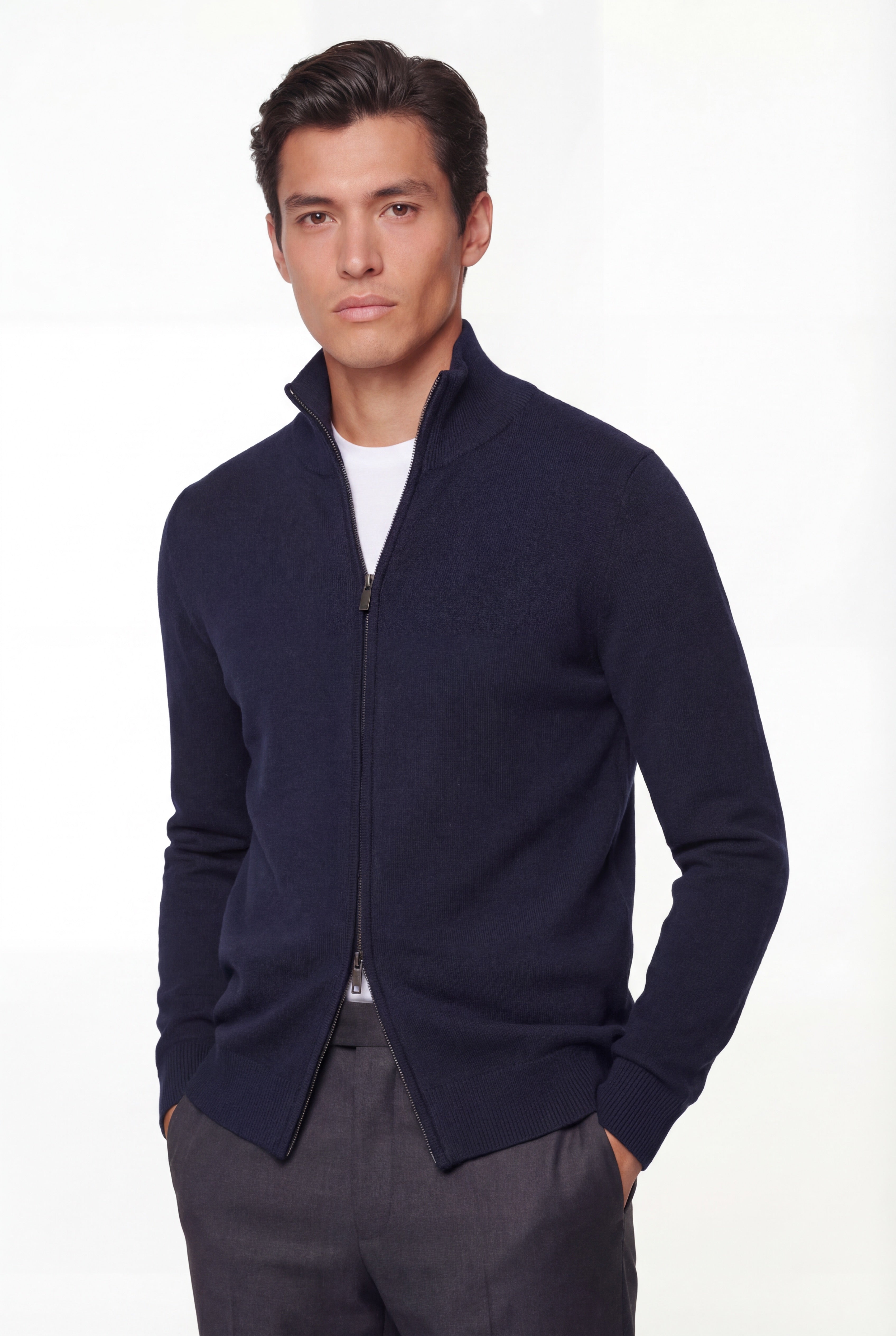 Zip Knit Cardigan – Navy Blue – 100% Extra-Fine Merino Wool - Gabriel Collezione