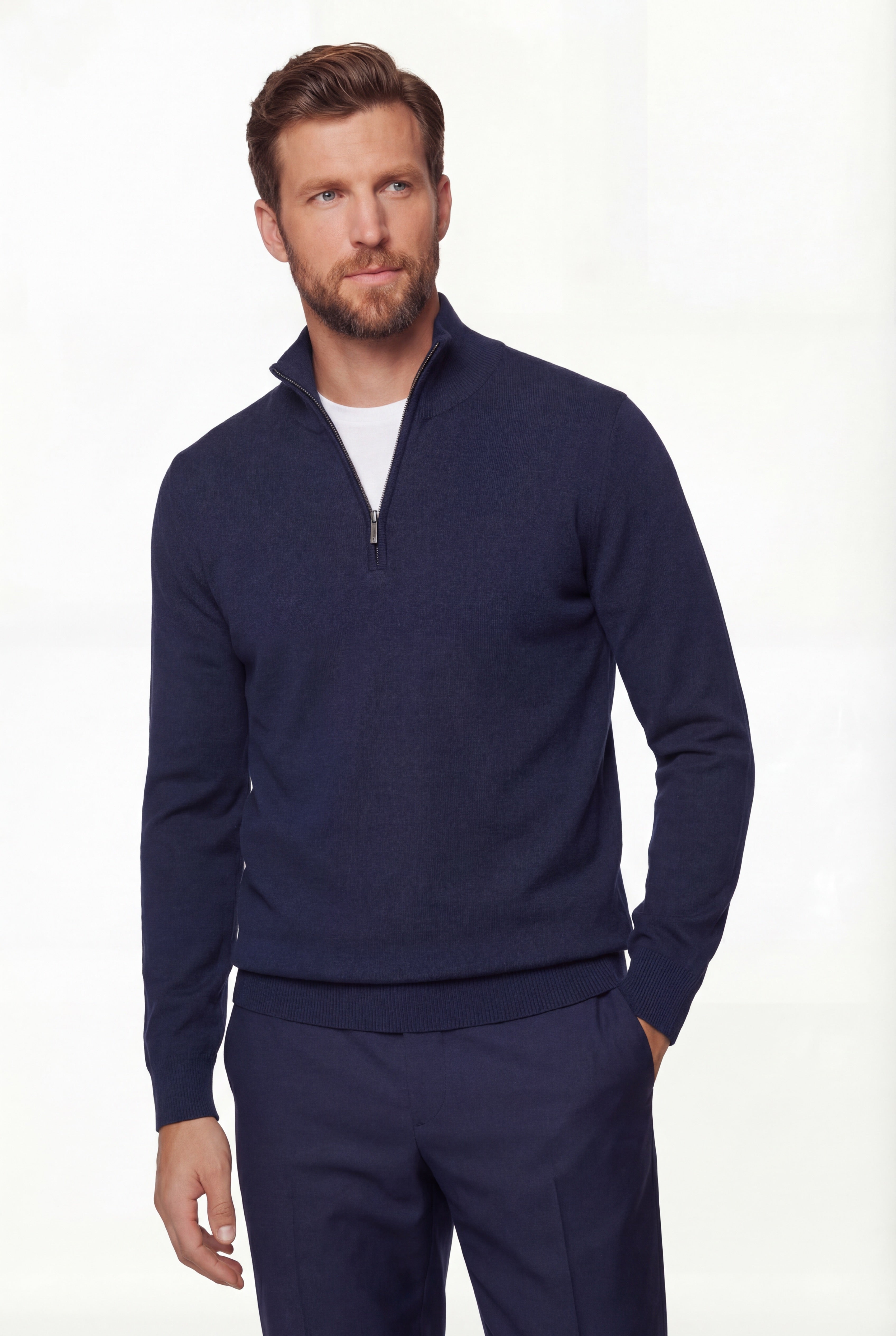 Half-Zip Knit Sweater – Navy Blue – 100% Extra-Fine Merino Wool
