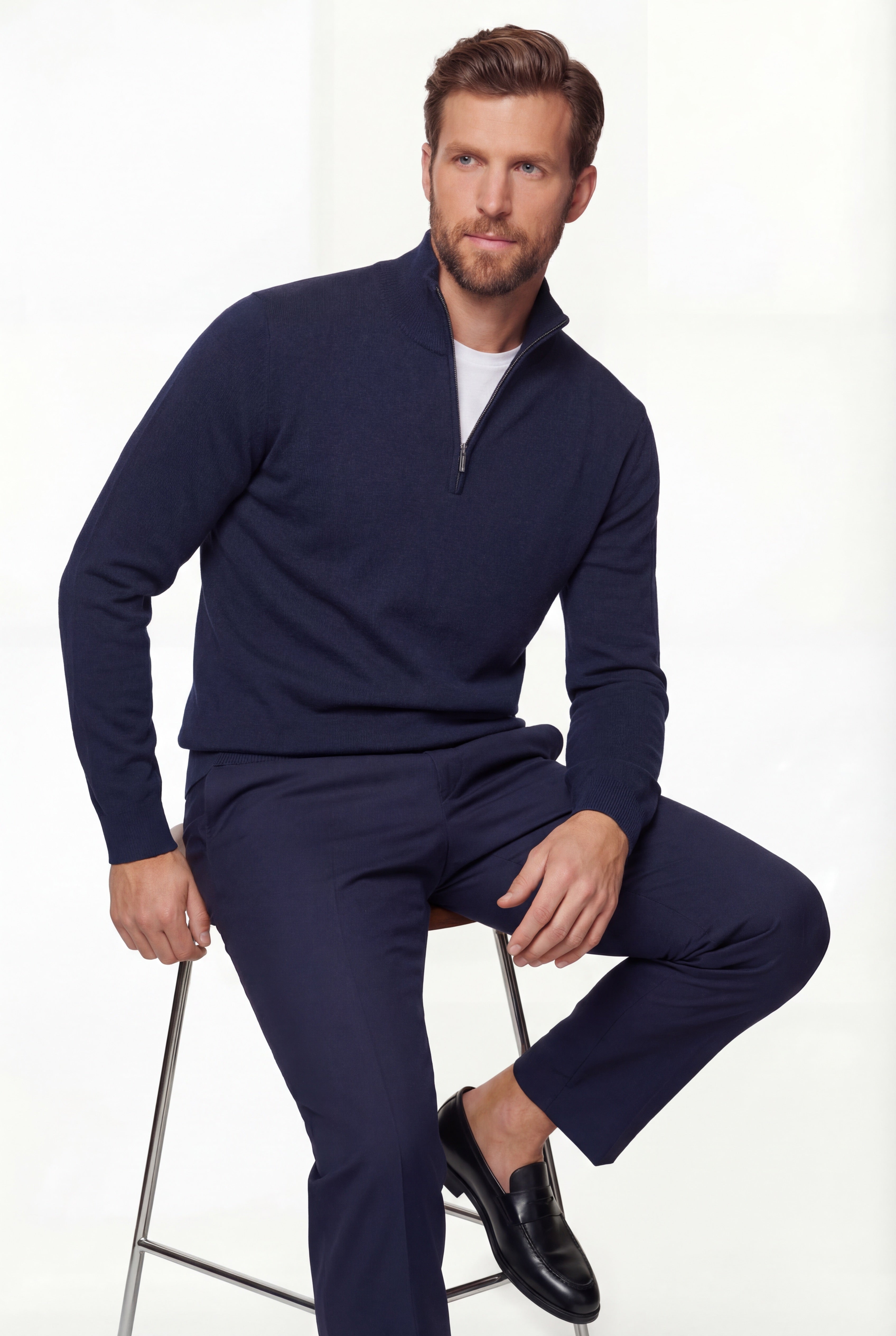 Half-Zip Knit Sweater – Navy Blue – 100% Extra-Fine Merino Wool - Gabriel Collezione