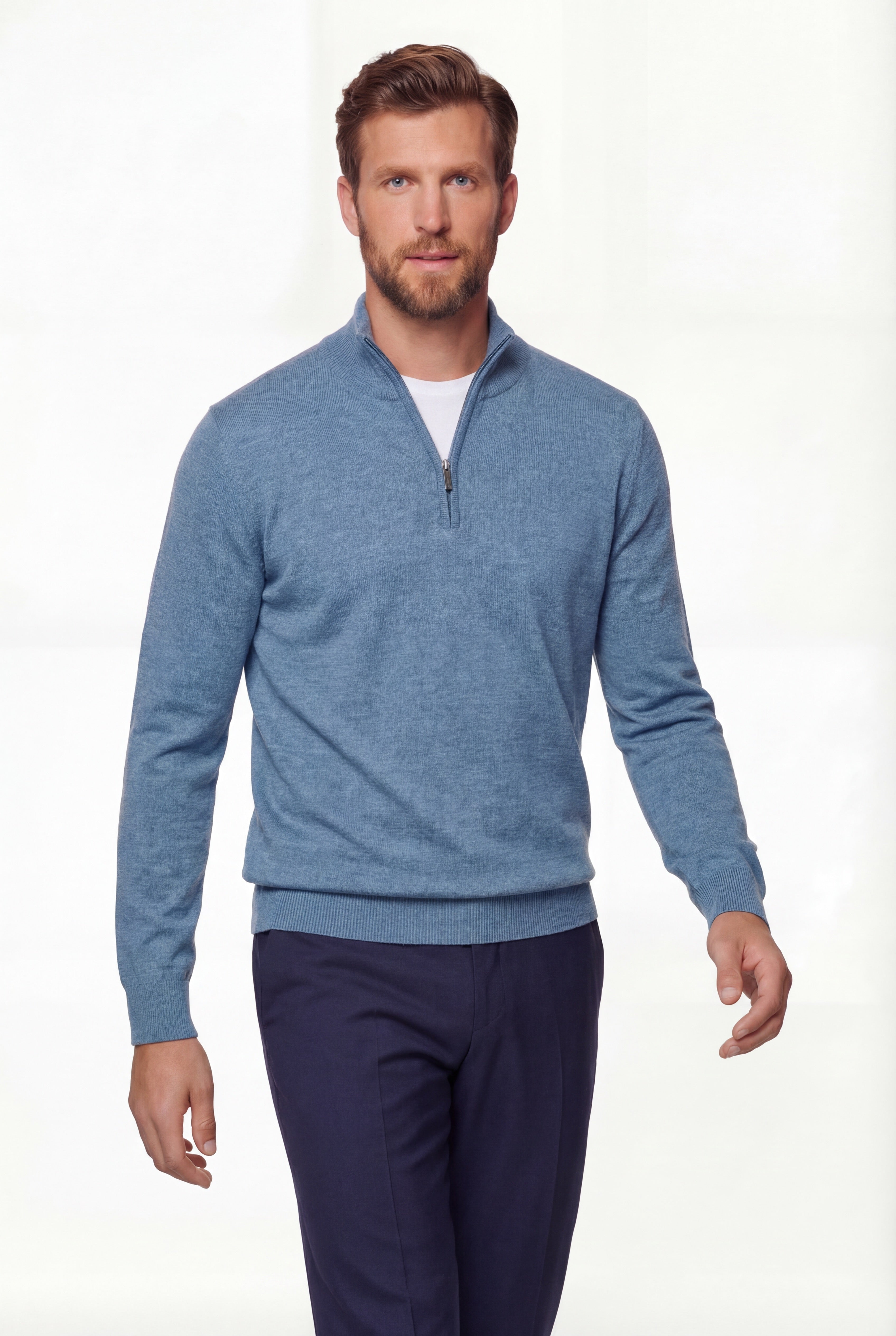 Half-Zip Knit Sweater – Light Blue – 100% Extra-Fine Merino Wool - Gabriel Collezione