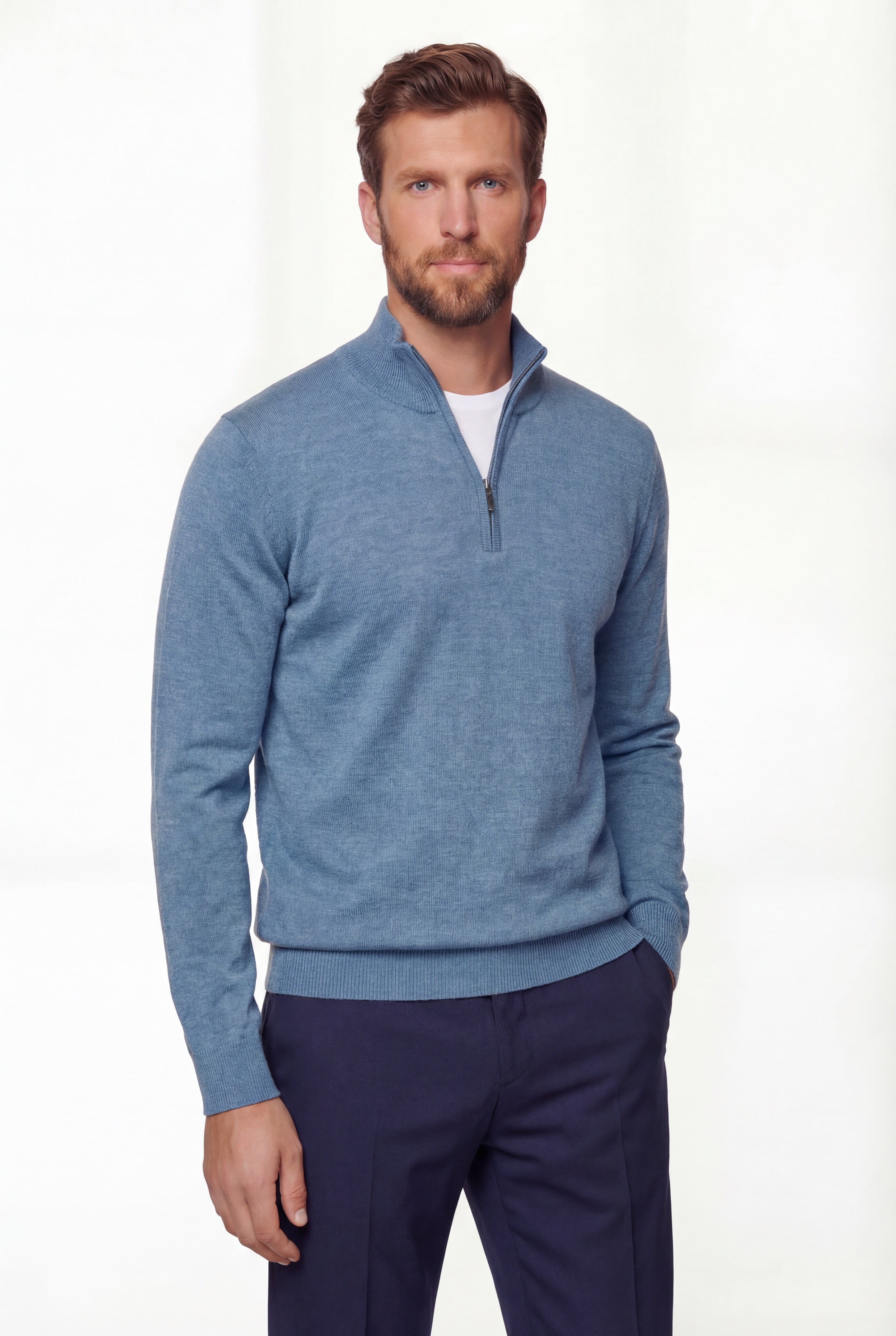 Half-Zip Knit Sweater – Light Blue – 100% Extra-Fine Merino Wool - Gabriel Collezione