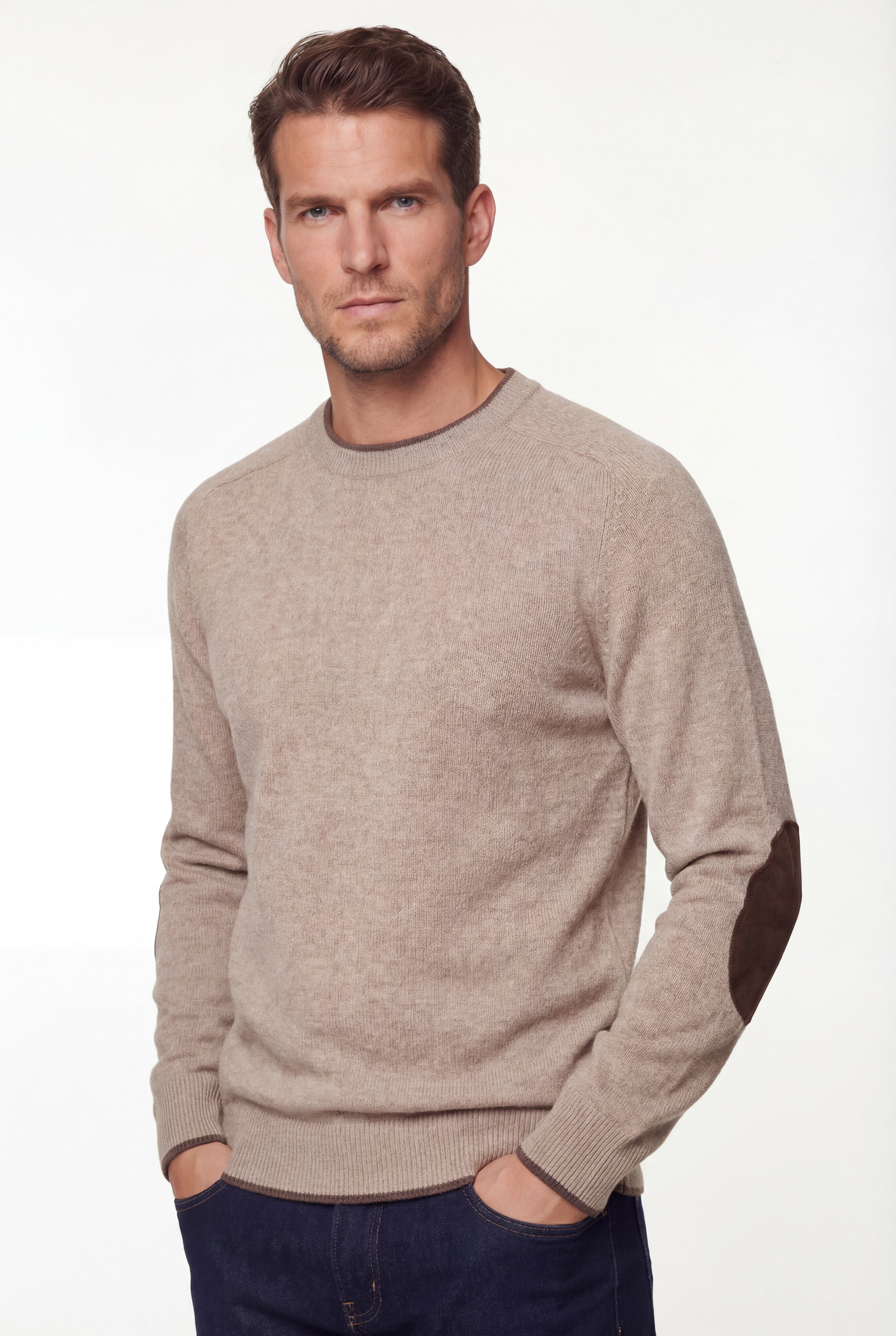 Pull à col rond – Beige – Mélange laine mérinos et cachemire