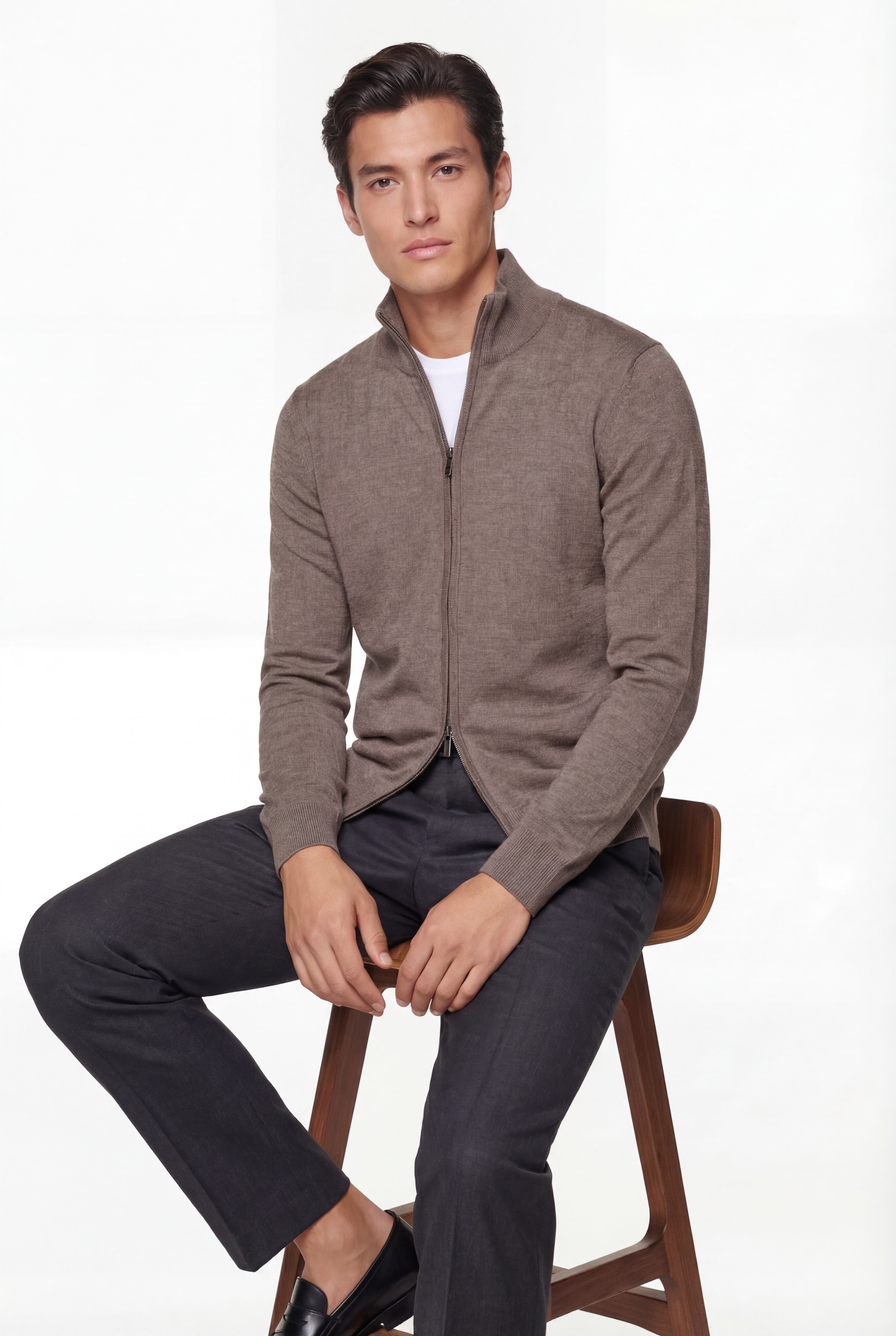 Zip Knit Cardigan – Taupe – 100% Extra-Fine Merino Wool - Gabriel Collezione
