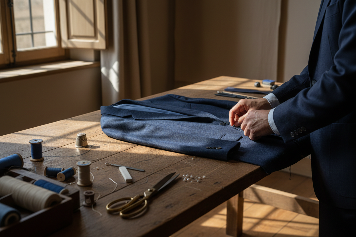 Italian tailor meticulously working on a navy wool suit jacket on a wooden table, natural morning window light, warm beige and brown tones, cinematic shadows, elegant tools (needle, chalk, scissors), ultra-detailed, no face, refined luxury editorial photography.