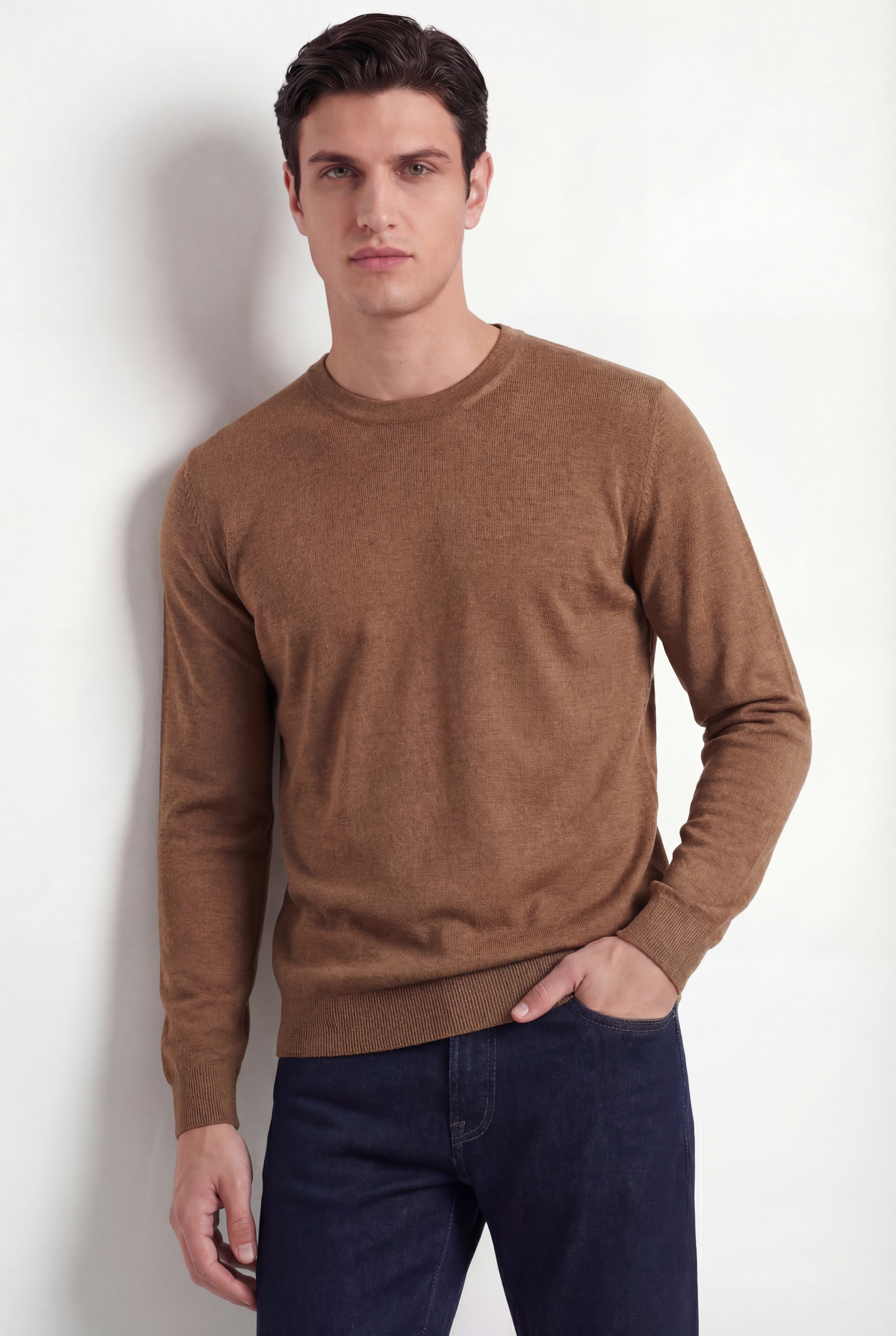 Pull col rond – Cognac – Mélange laine & soie