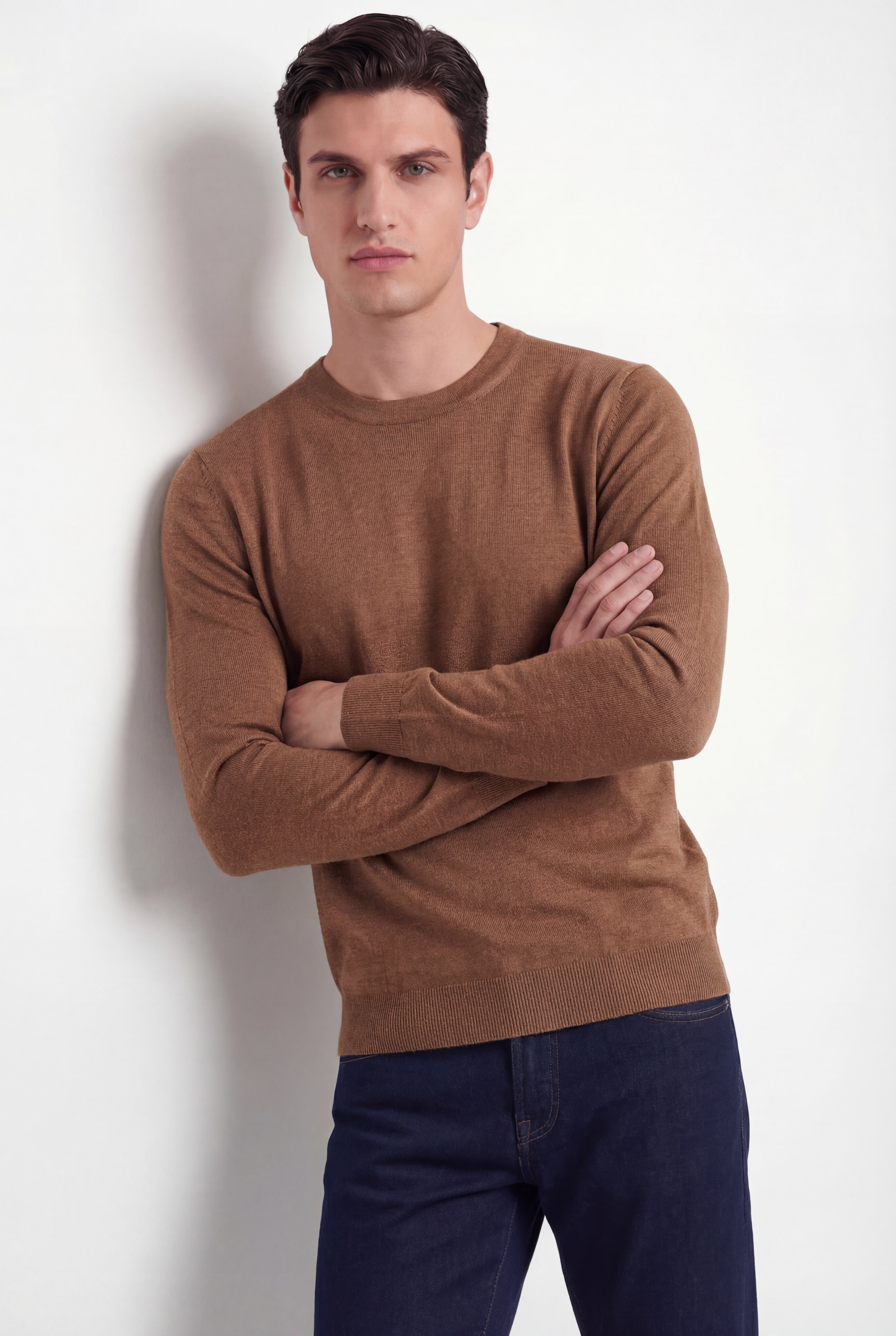 Pull col rond – Cognac – Mélange laine & soie