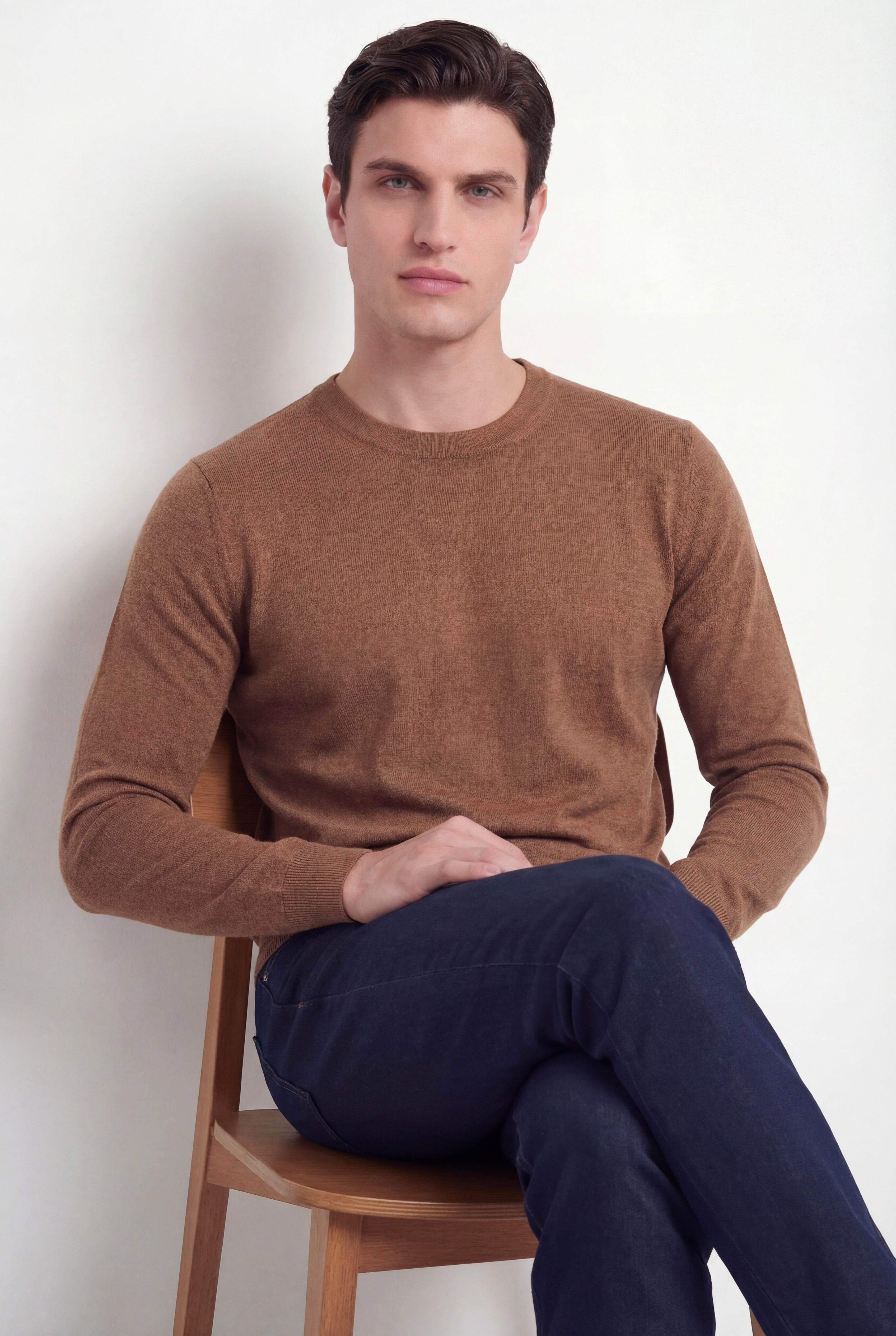 Pull col rond – Cognac – Mélange laine & soie