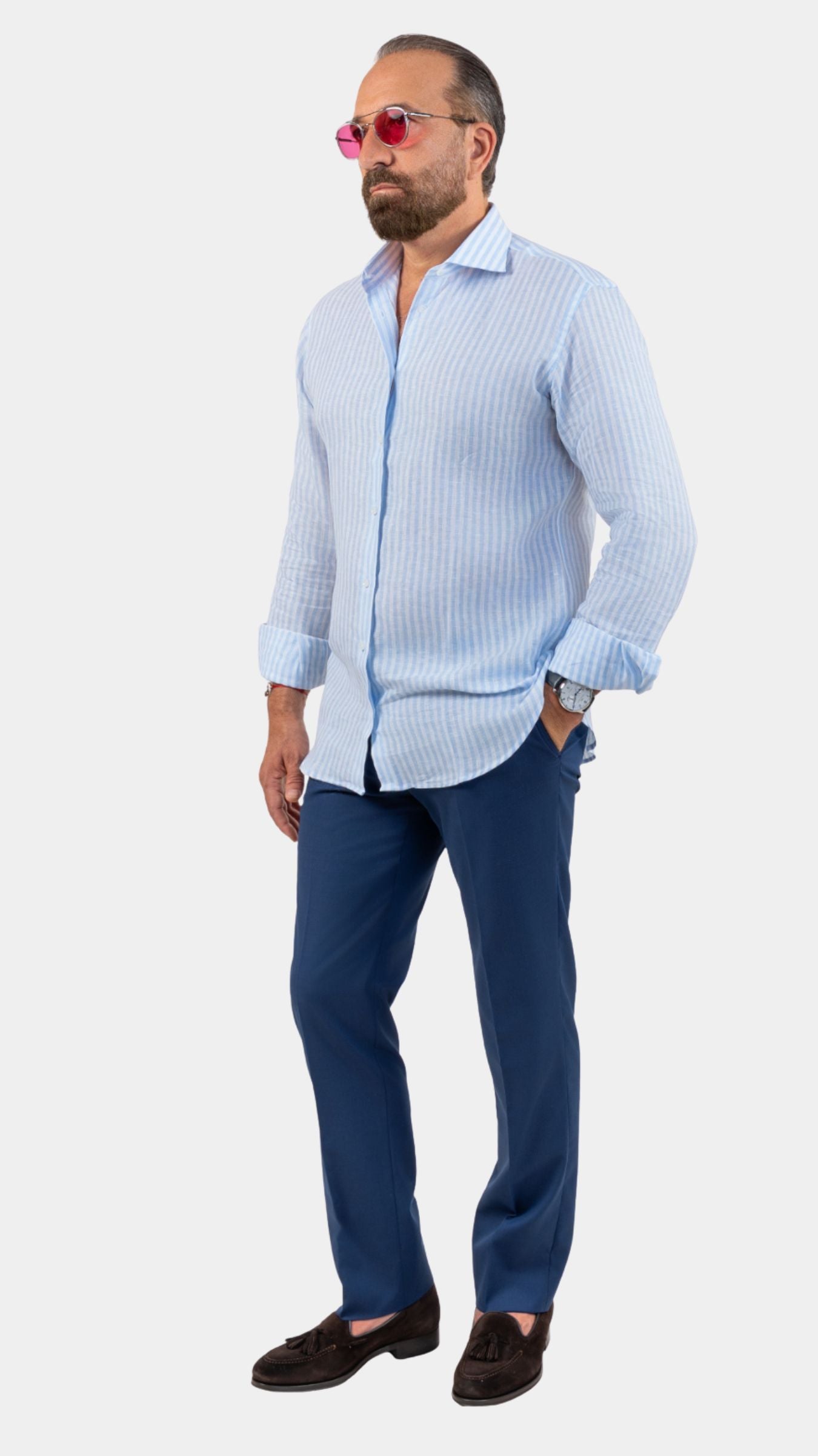 Napoli Sky-Blue Linen Striped Shirt - Gabriel Collezione
