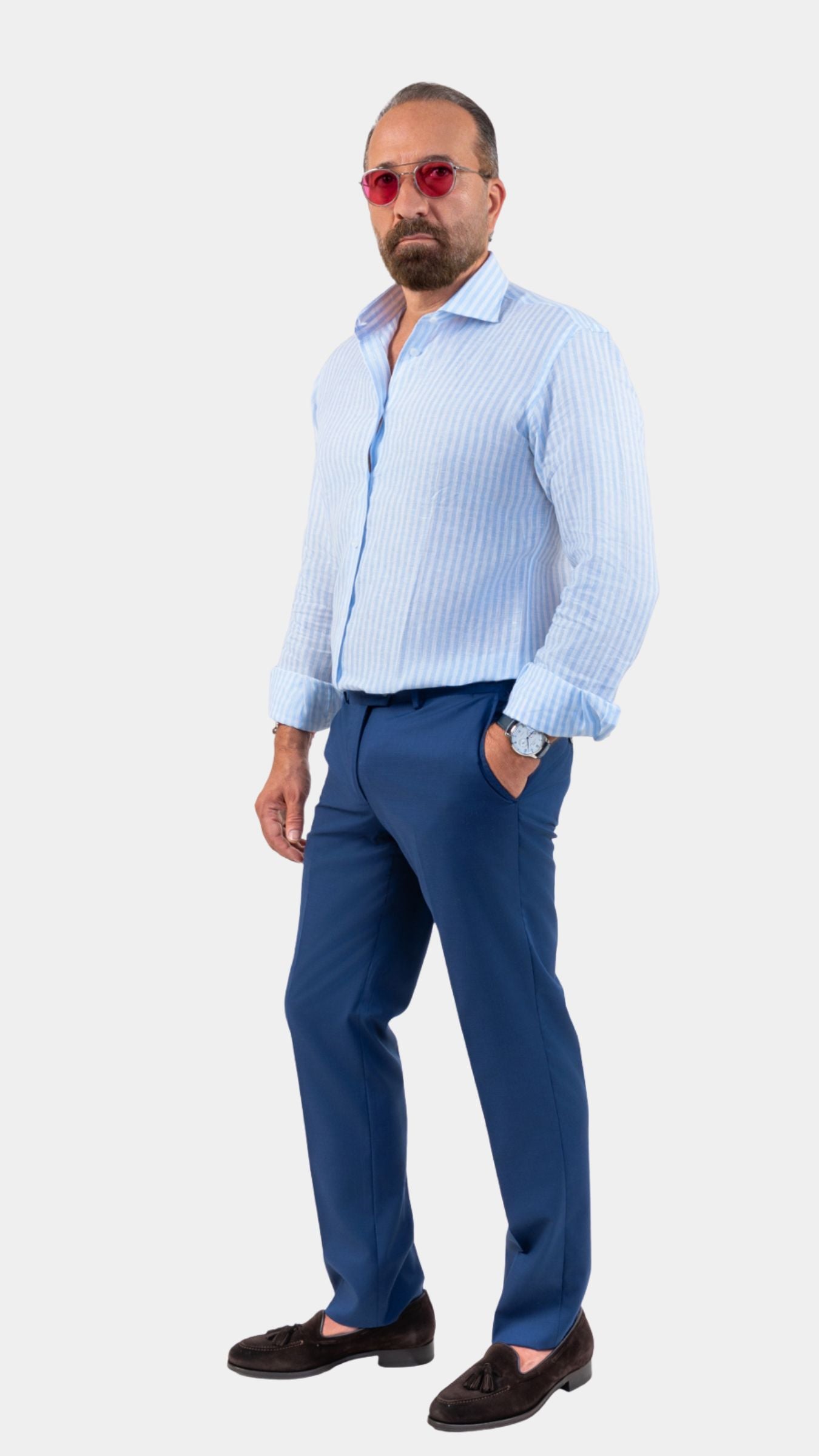 Napoli Sky-Blue Linen Striped Shirt - Gabriel Collezione