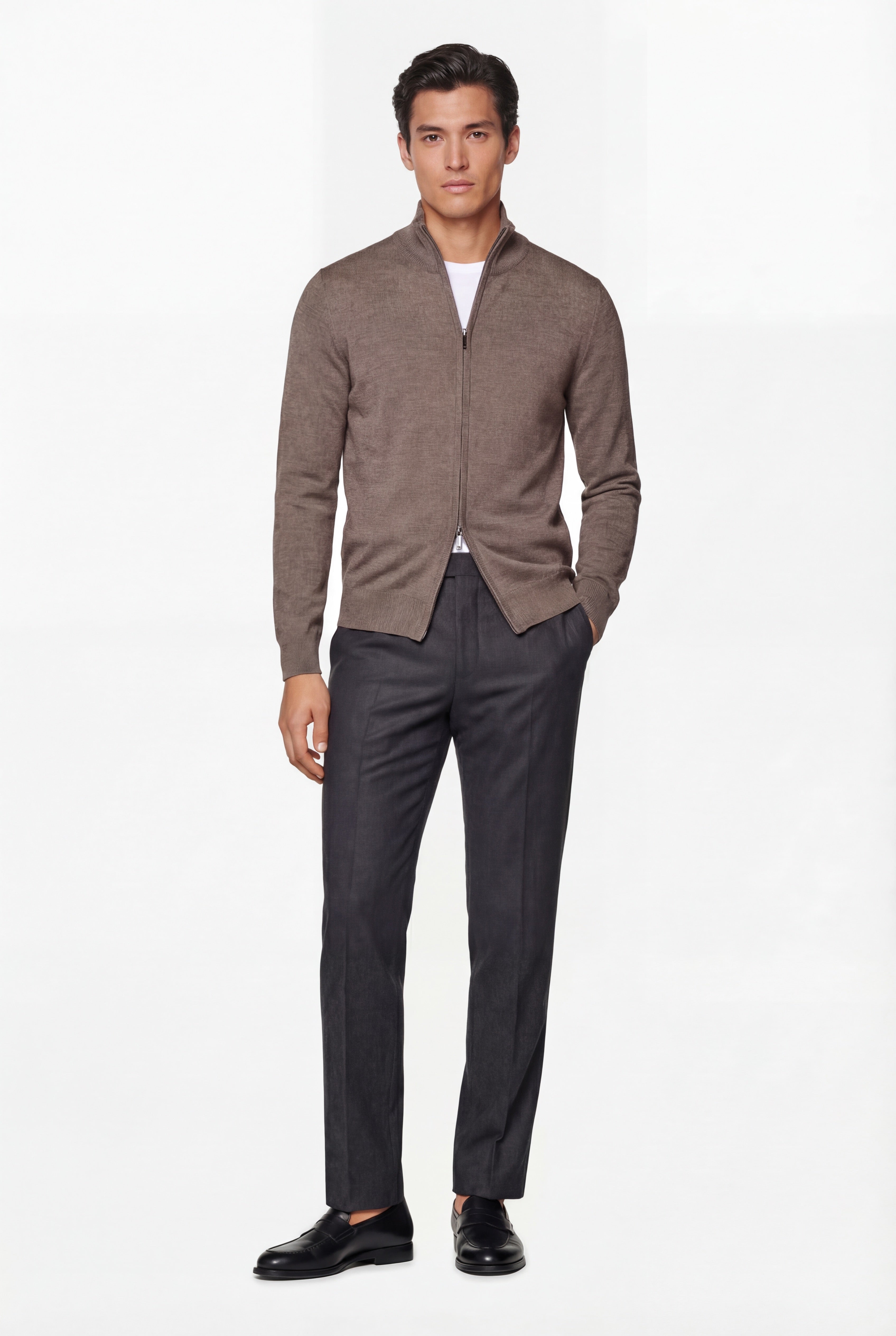 Zip Knit Cardigan – Taupe – 100% Extra-Fine Merino Wool - Gabriel Collezione