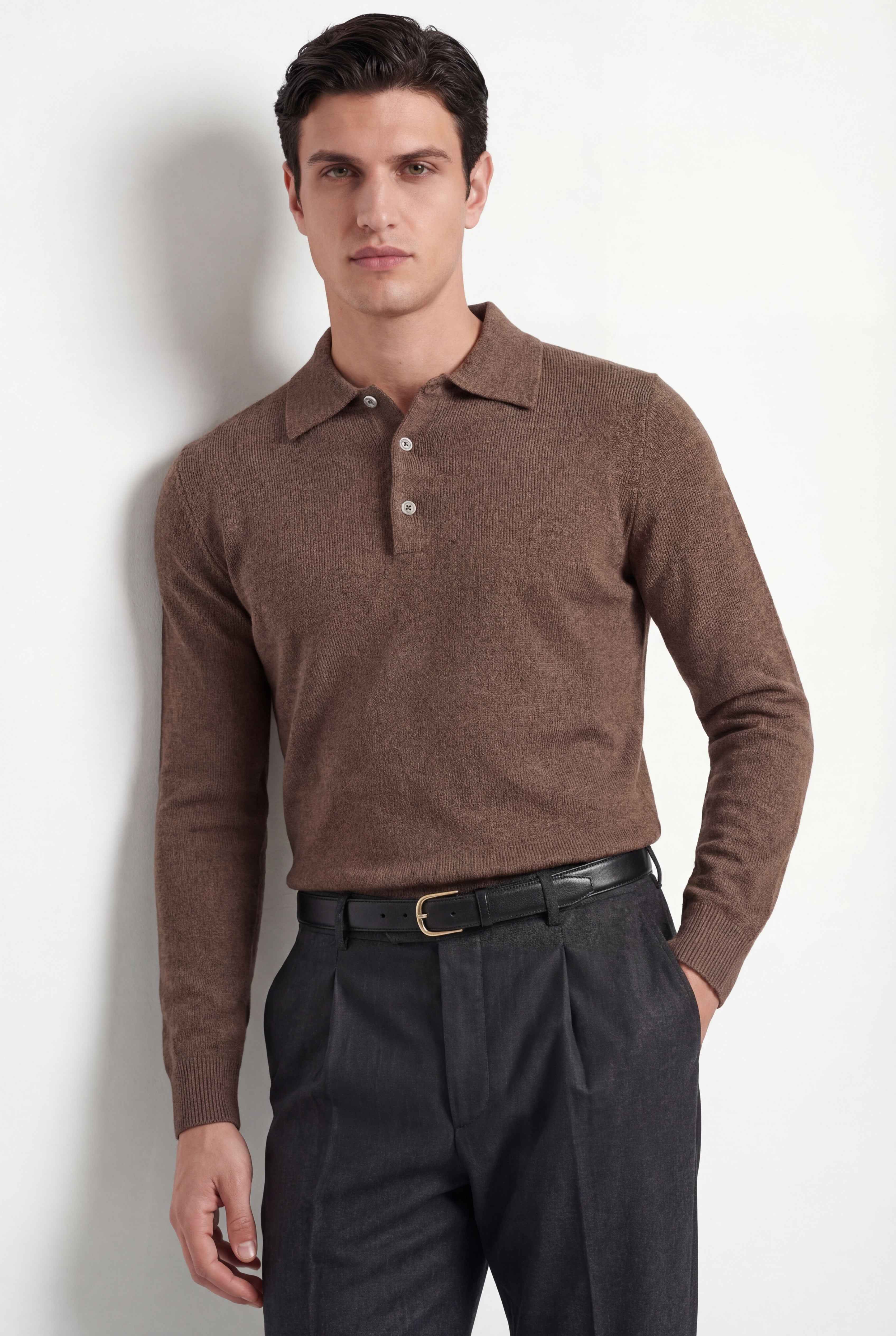 Merino Knit Polo – 100% Superfine Virgin Wool – Brown - Gabriel