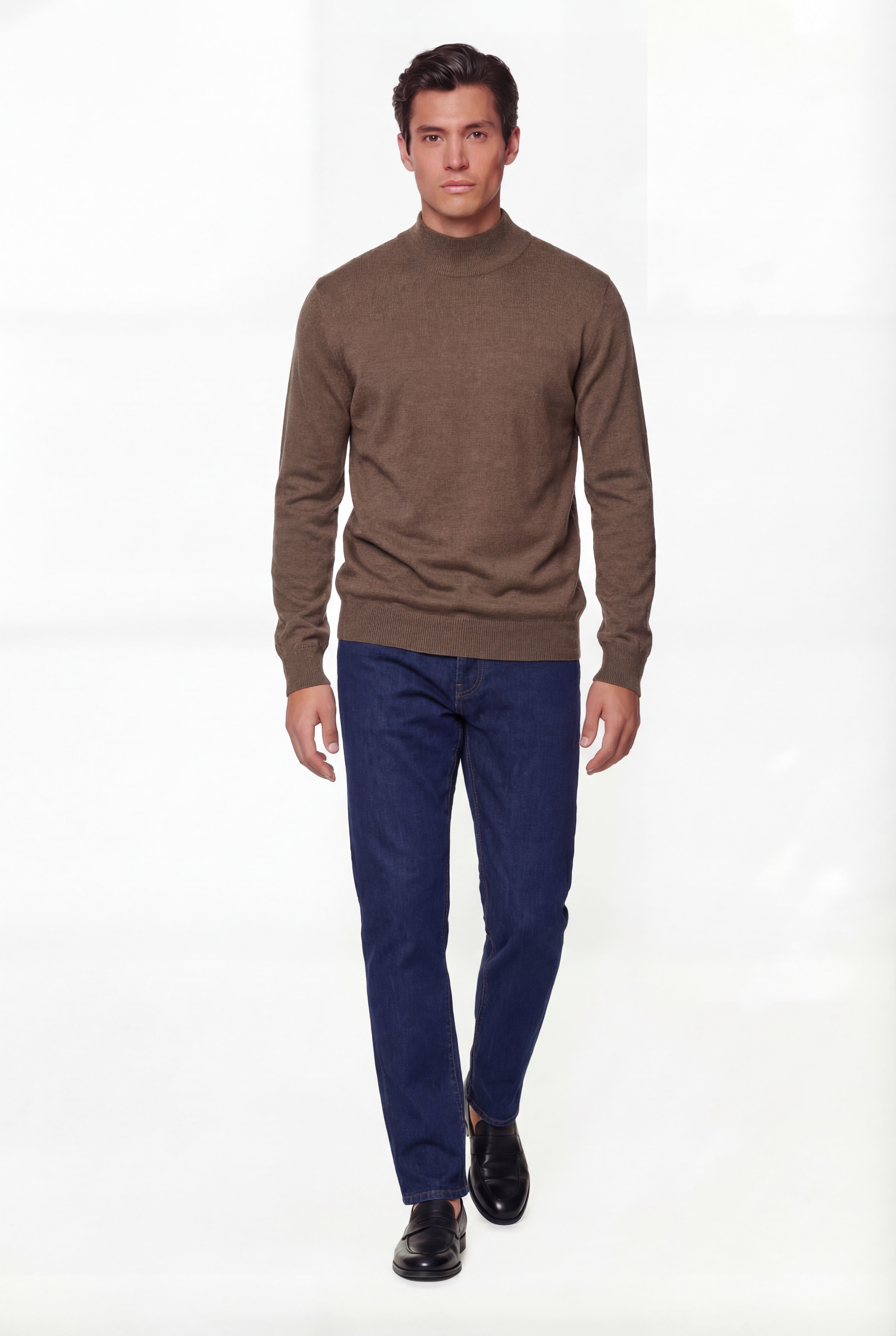 Pull en maille à col montant – Marron – Laine mérinos extra-fine