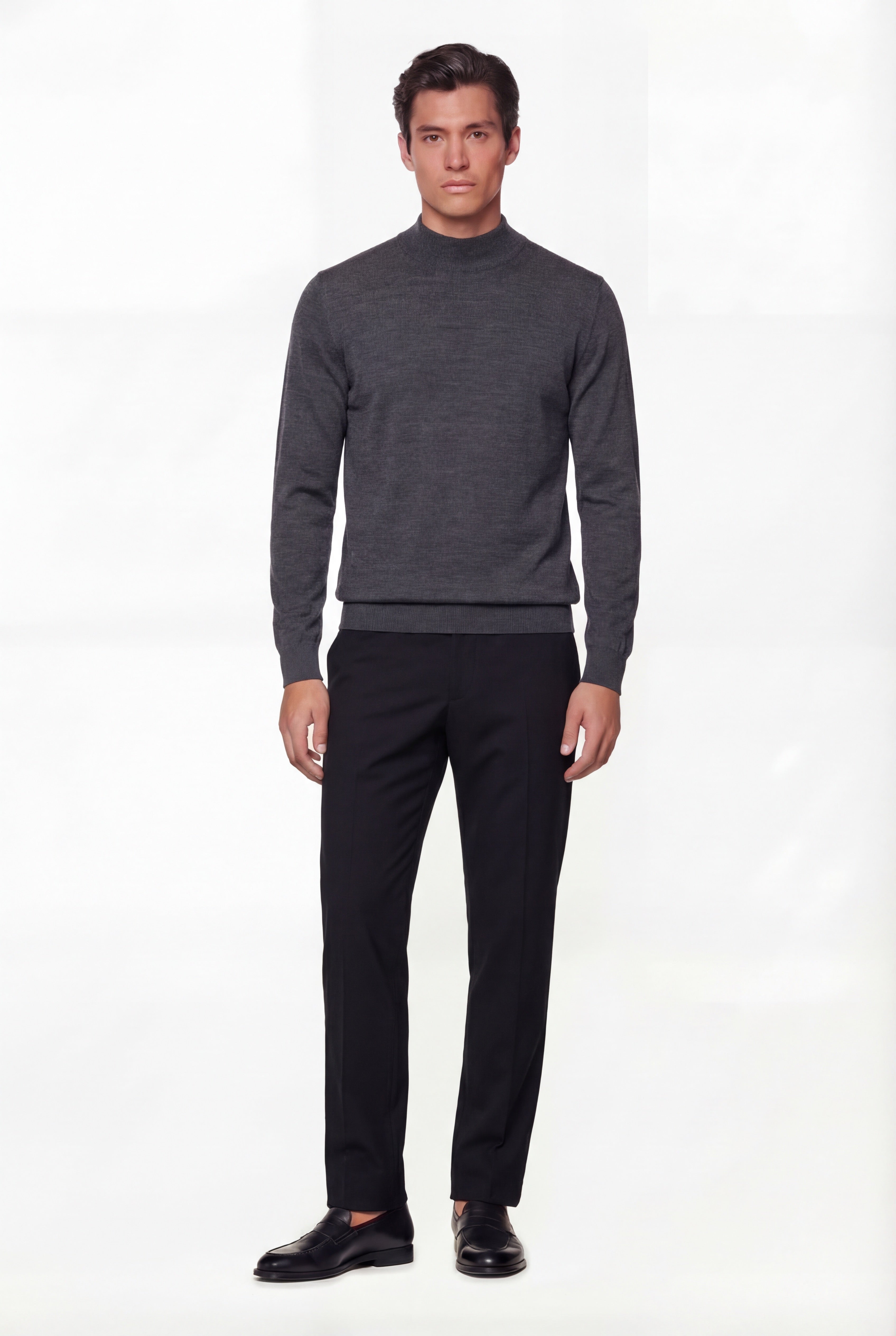 Mock Neck Knit Sweater – Anthracite Grey – Super Fine Merino Wool