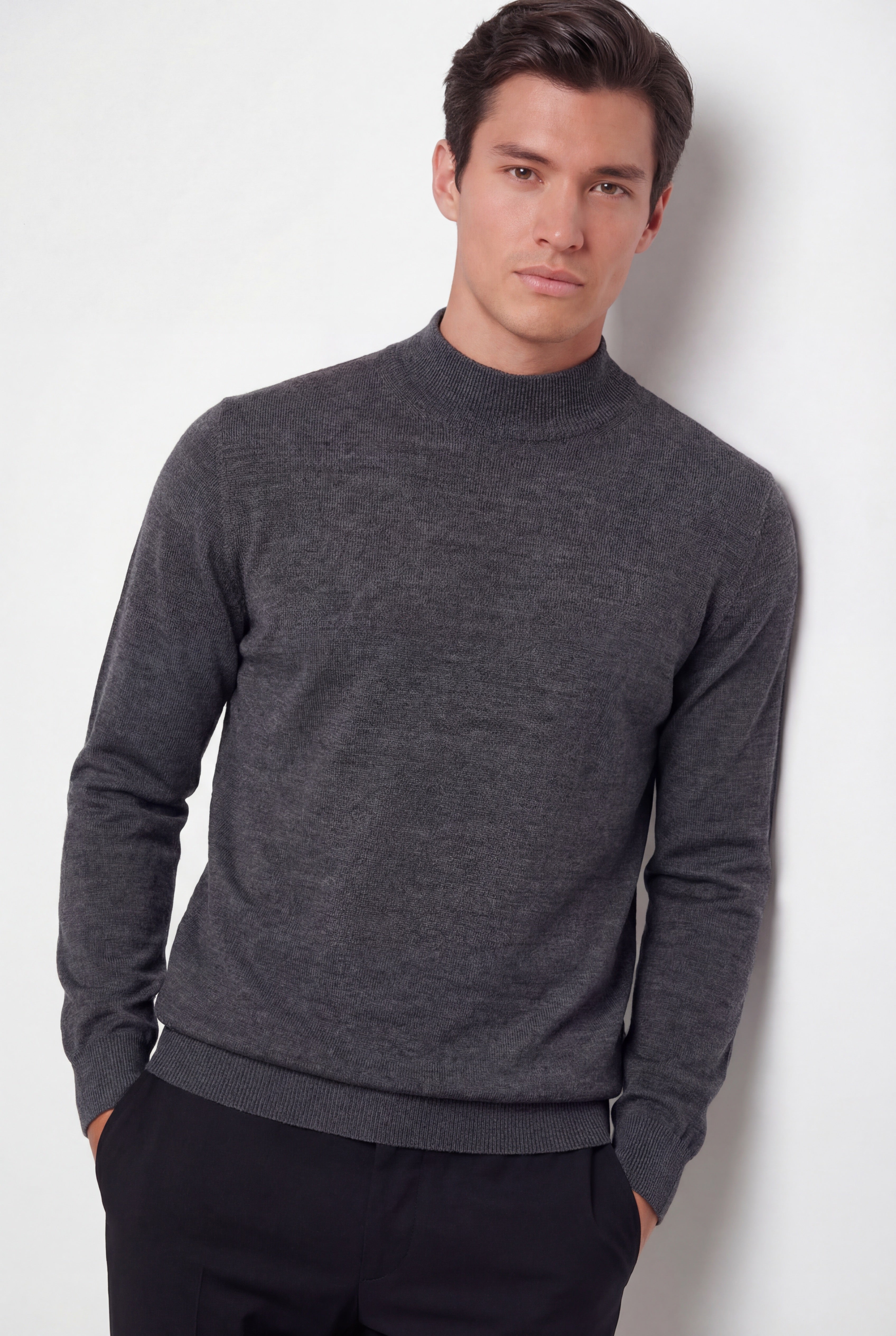 Mock Neck Knit Sweater – Anthracite Grey – Super Fine Merino Wool