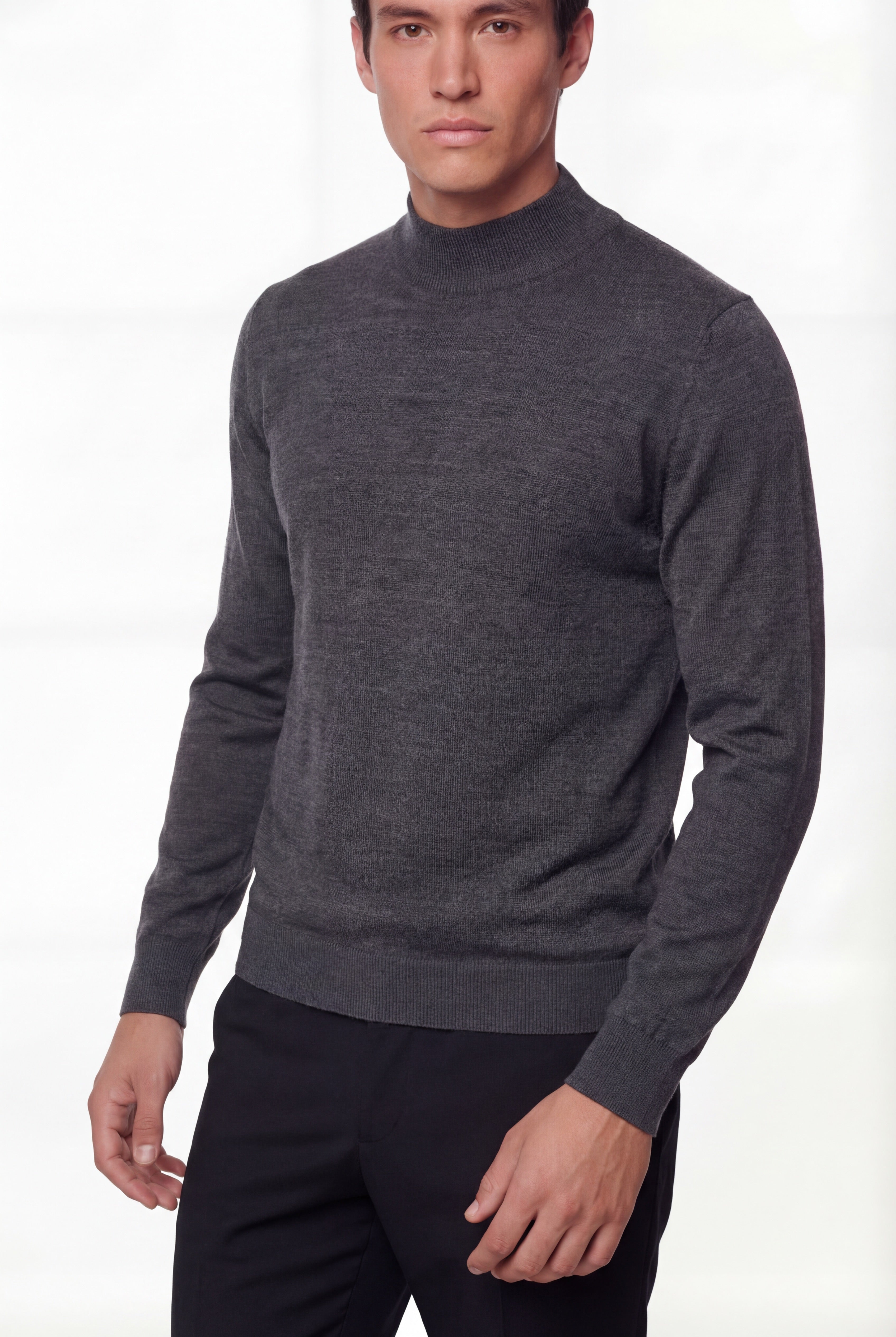 Mock Neck Knit Sweater – Anthracite Grey – Super Fine Merino Wool