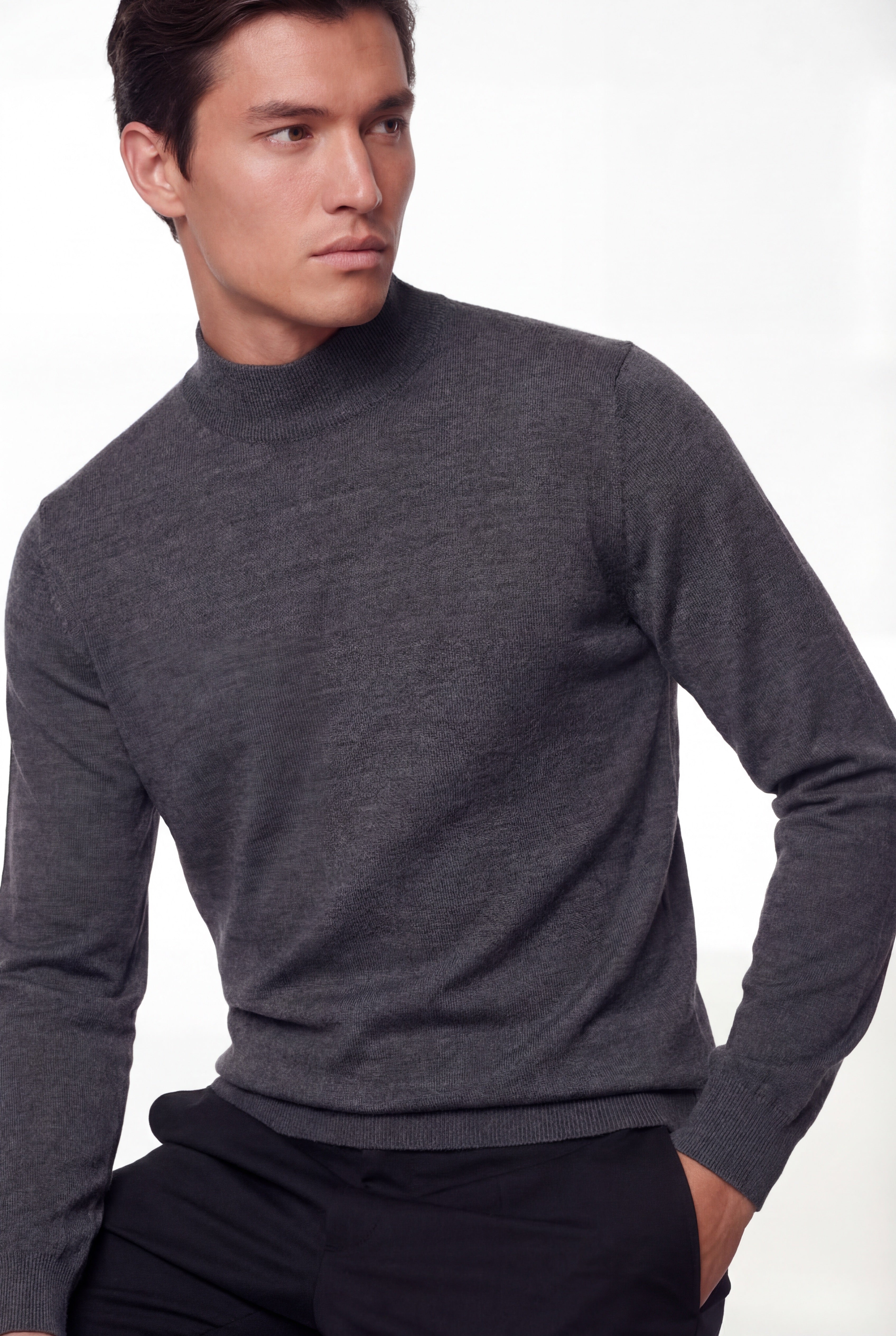 Mock Neck Knit Sweater – Anthracite Grey – Super Fine Merino Wool