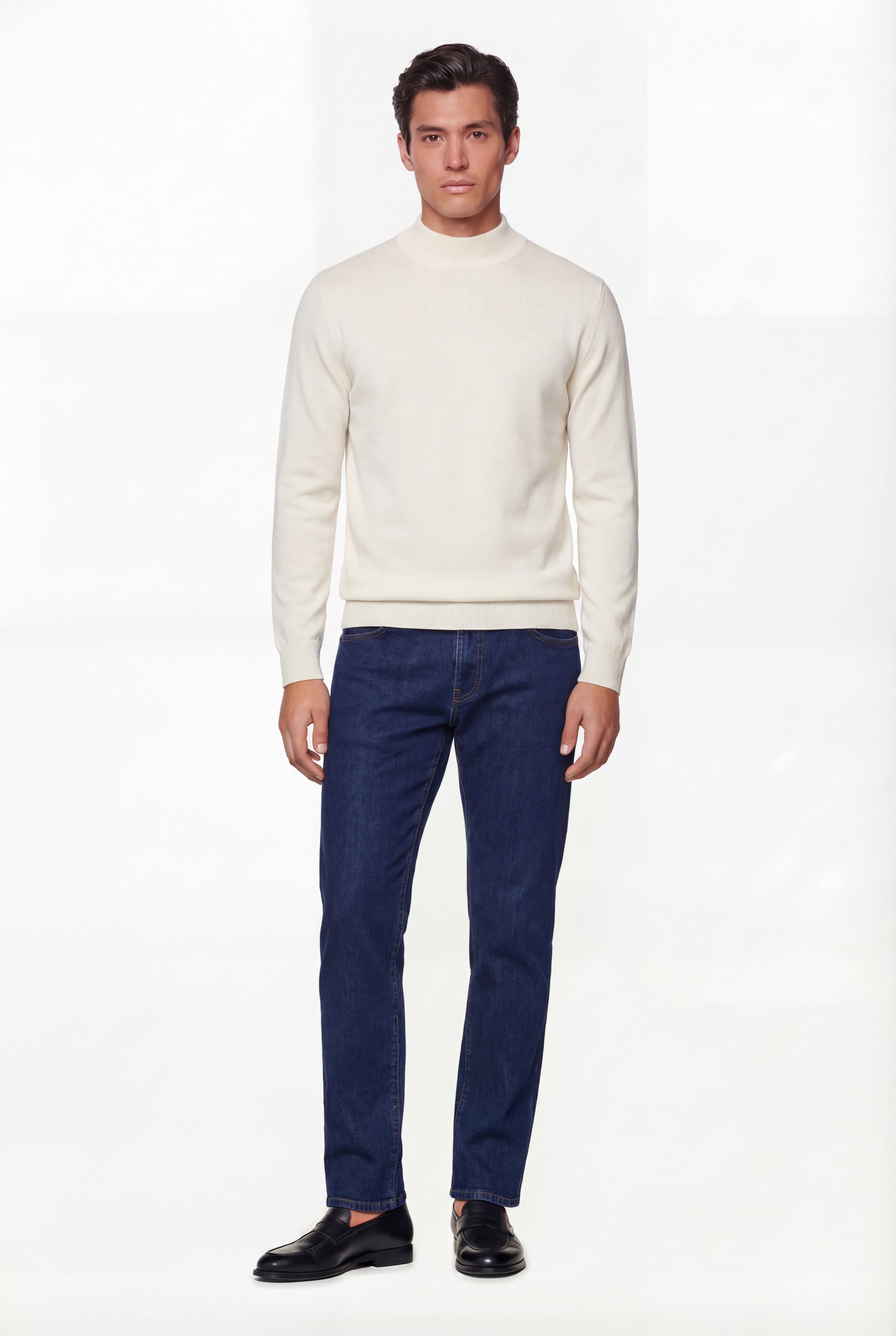 Pull en maille à col montant – Ivoire – Laine mérinos extra-fine