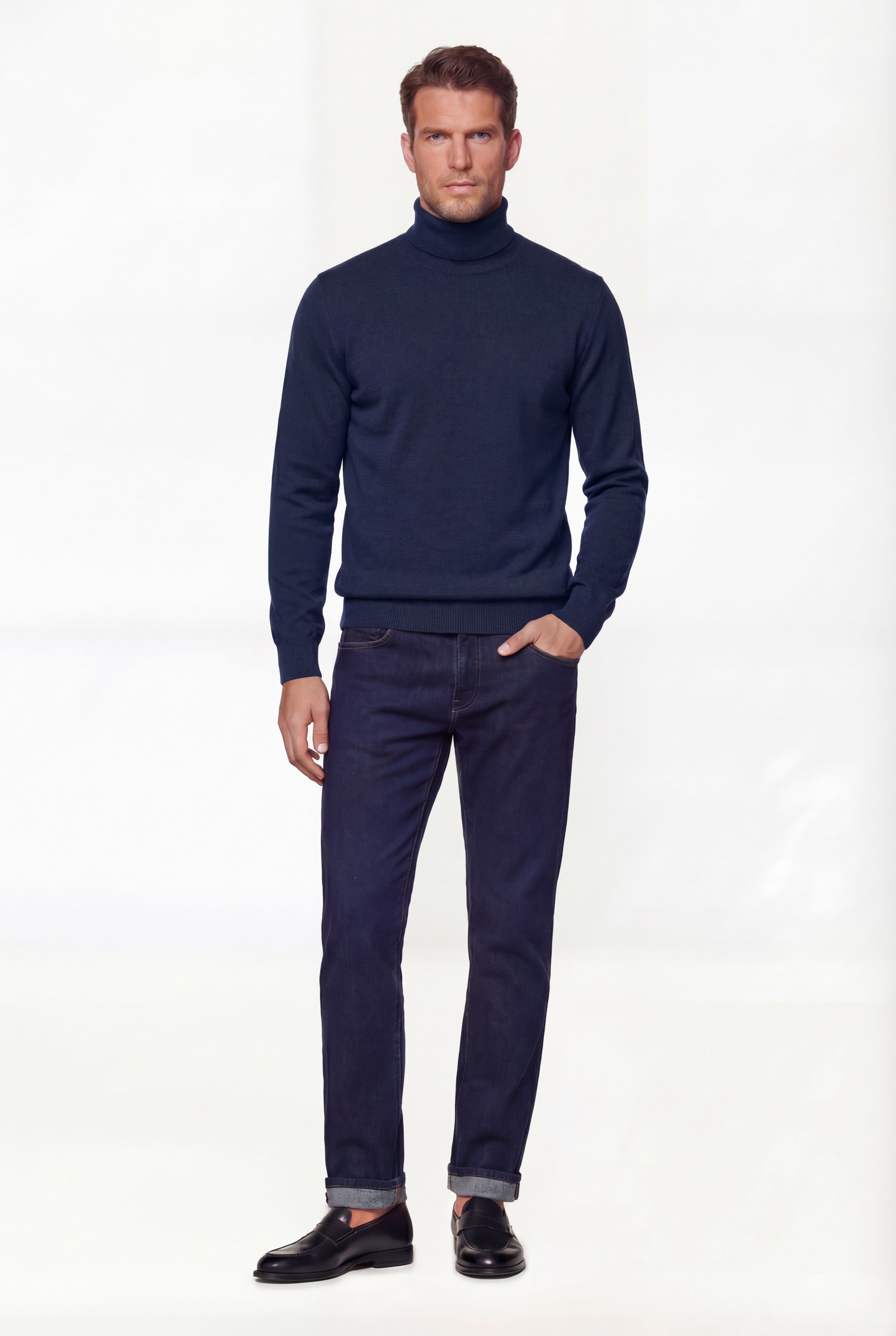 Turtleneck Knit Sweater – Navy Blue – Extra-Fine Merino Wool - Gabriel Collezione