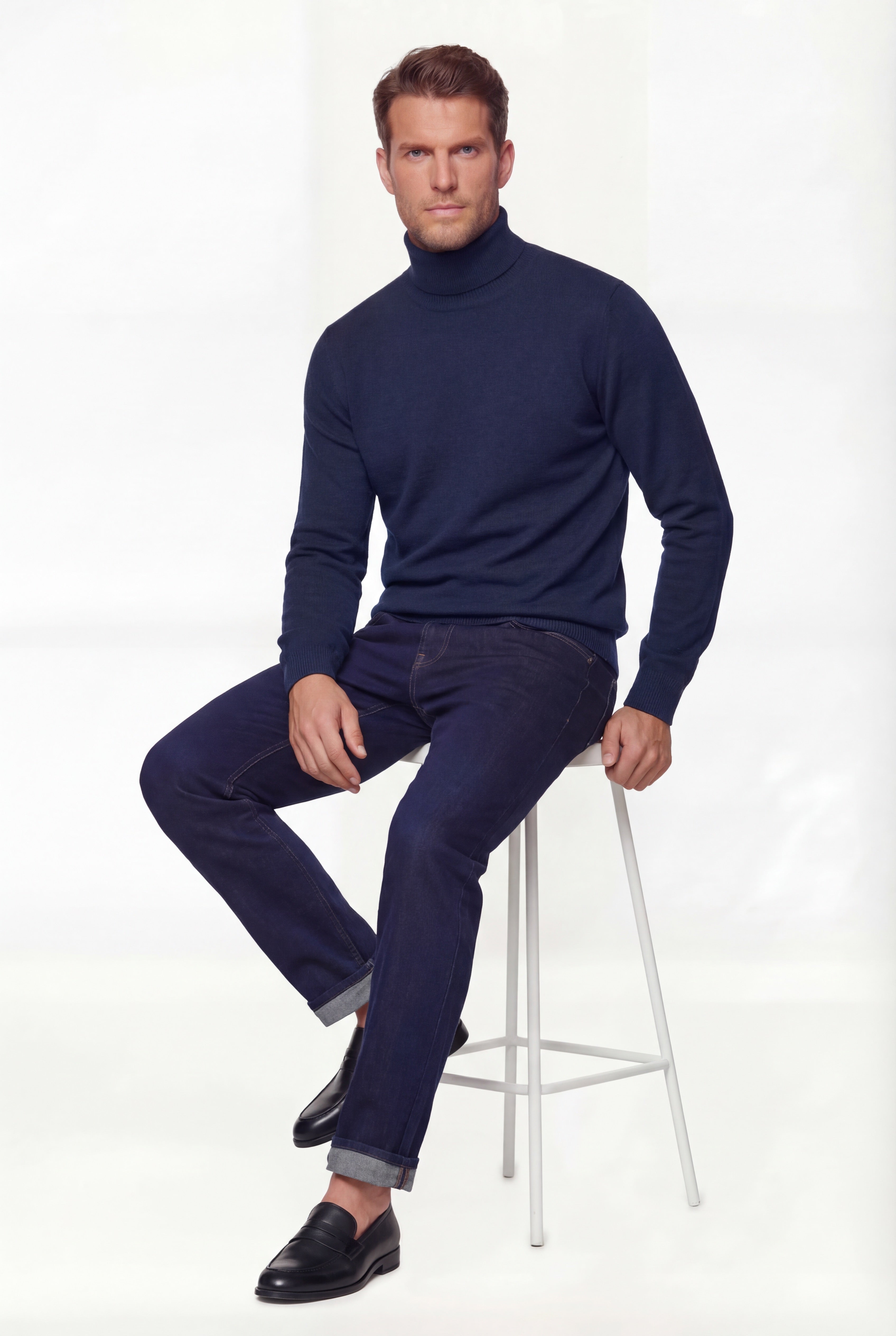 Turtleneck Knit Sweater – Navy Blue – Extra-Fine Merino Wool - Gabriel Collezione