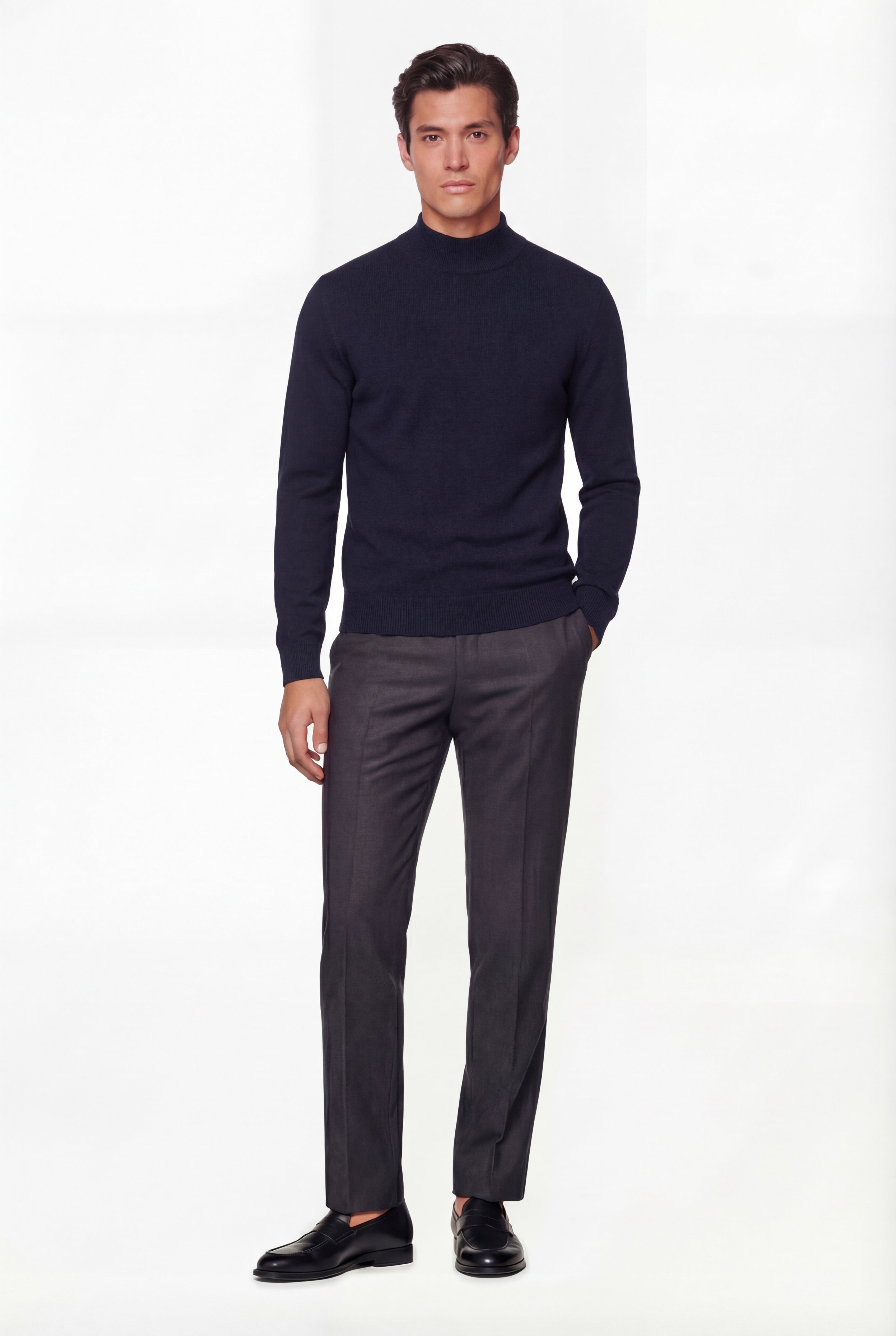 Pull en maille à col montant – Bleu marine – Laine mérinos extra-fine