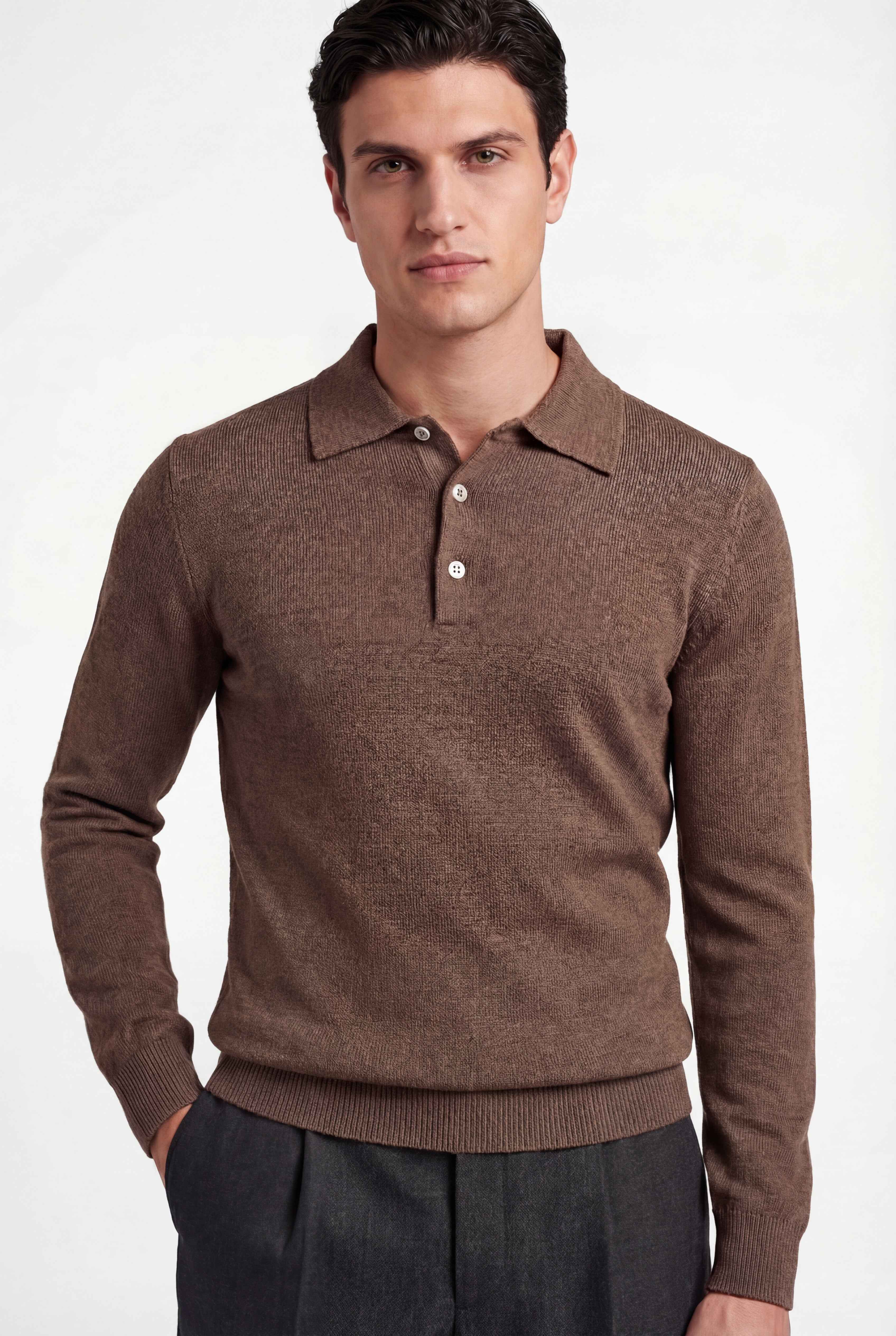 Merino Knit Polo – 100% Superfine Virgin Wool – Brown - Gabriel