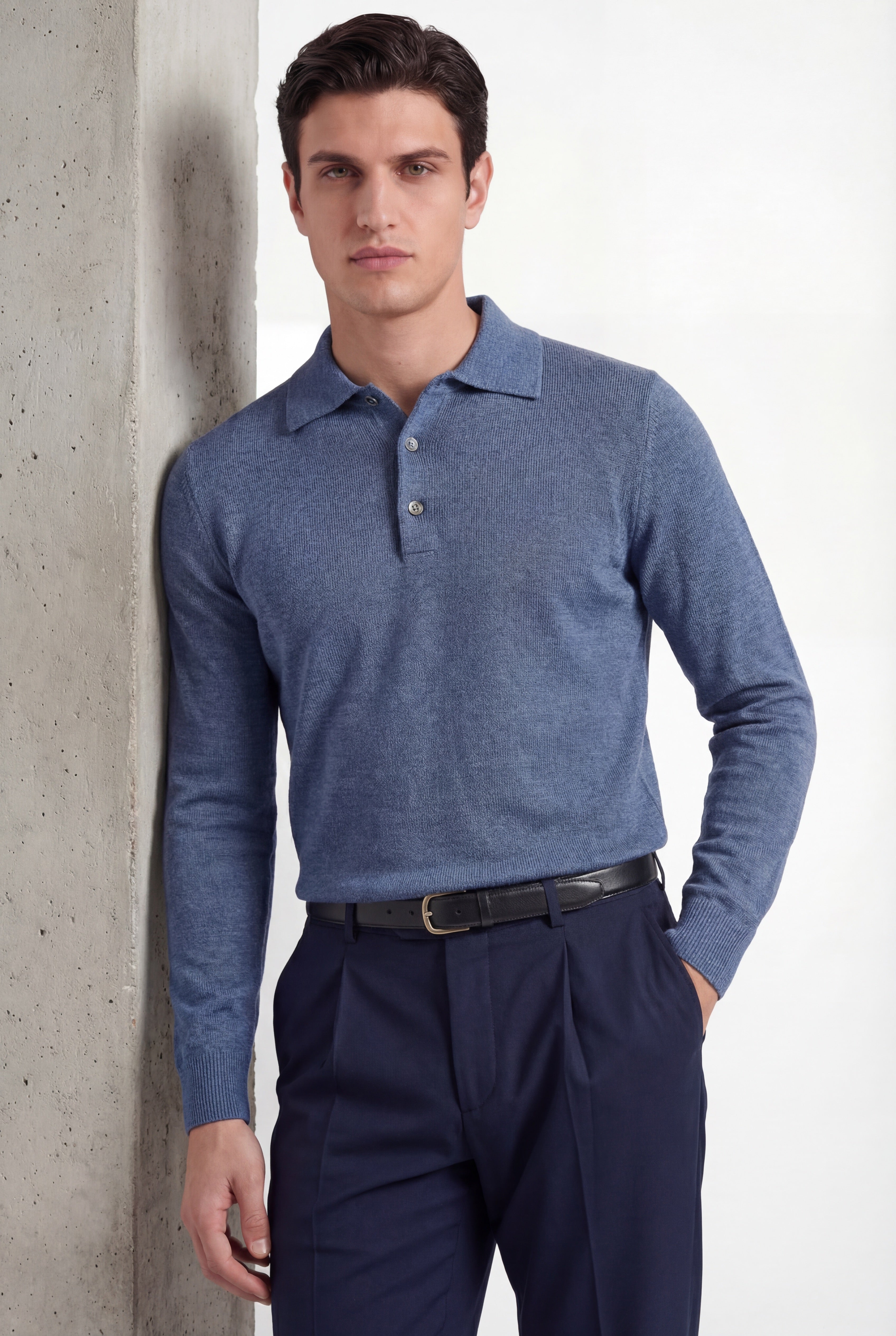 Merino Knit Polo – Dusty Blue – 100% Superfine Virgin Wool