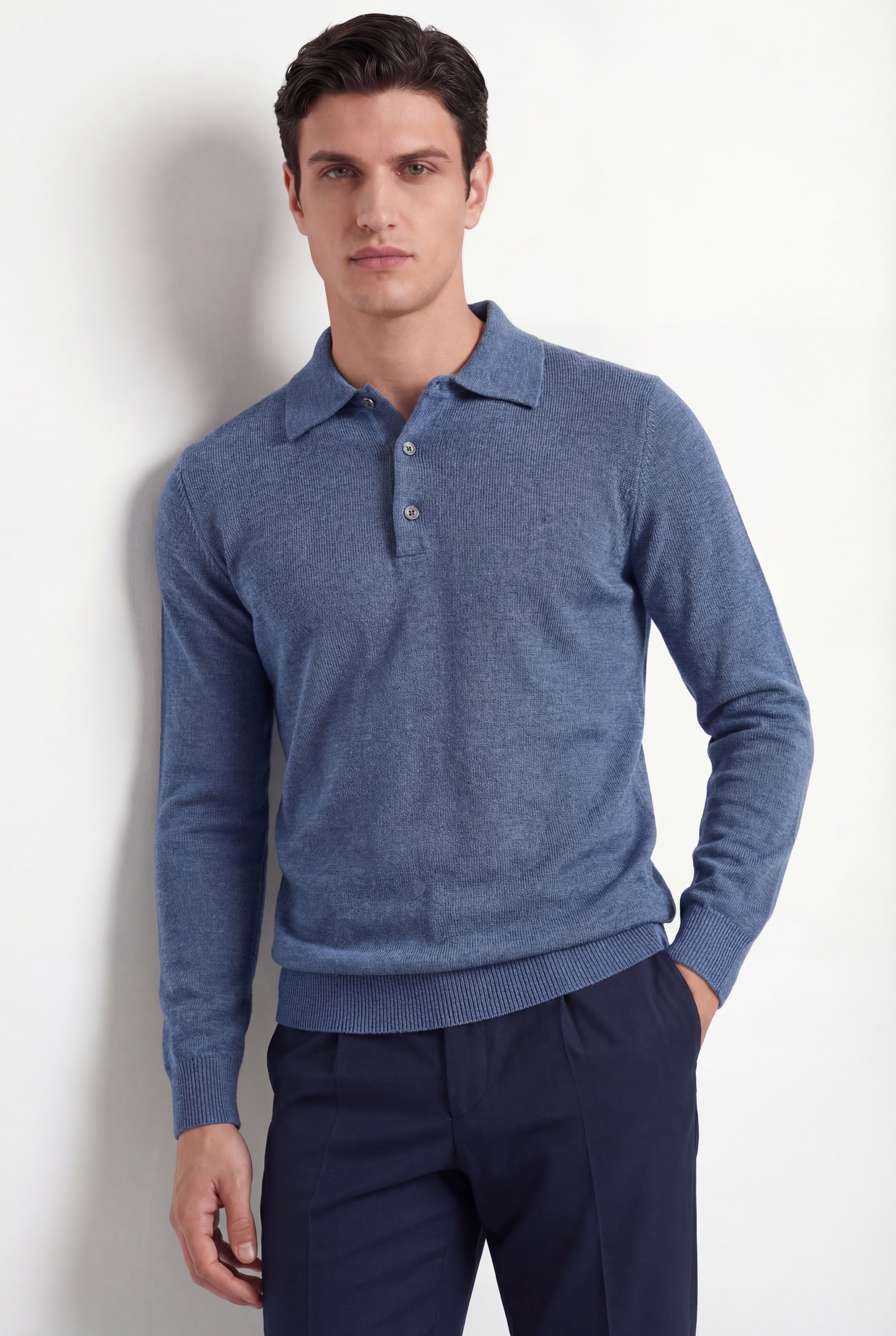 Merino Knit Polo – Dusty Blue – 100% Superfine Virgin Wool - Gabriel Collezione
