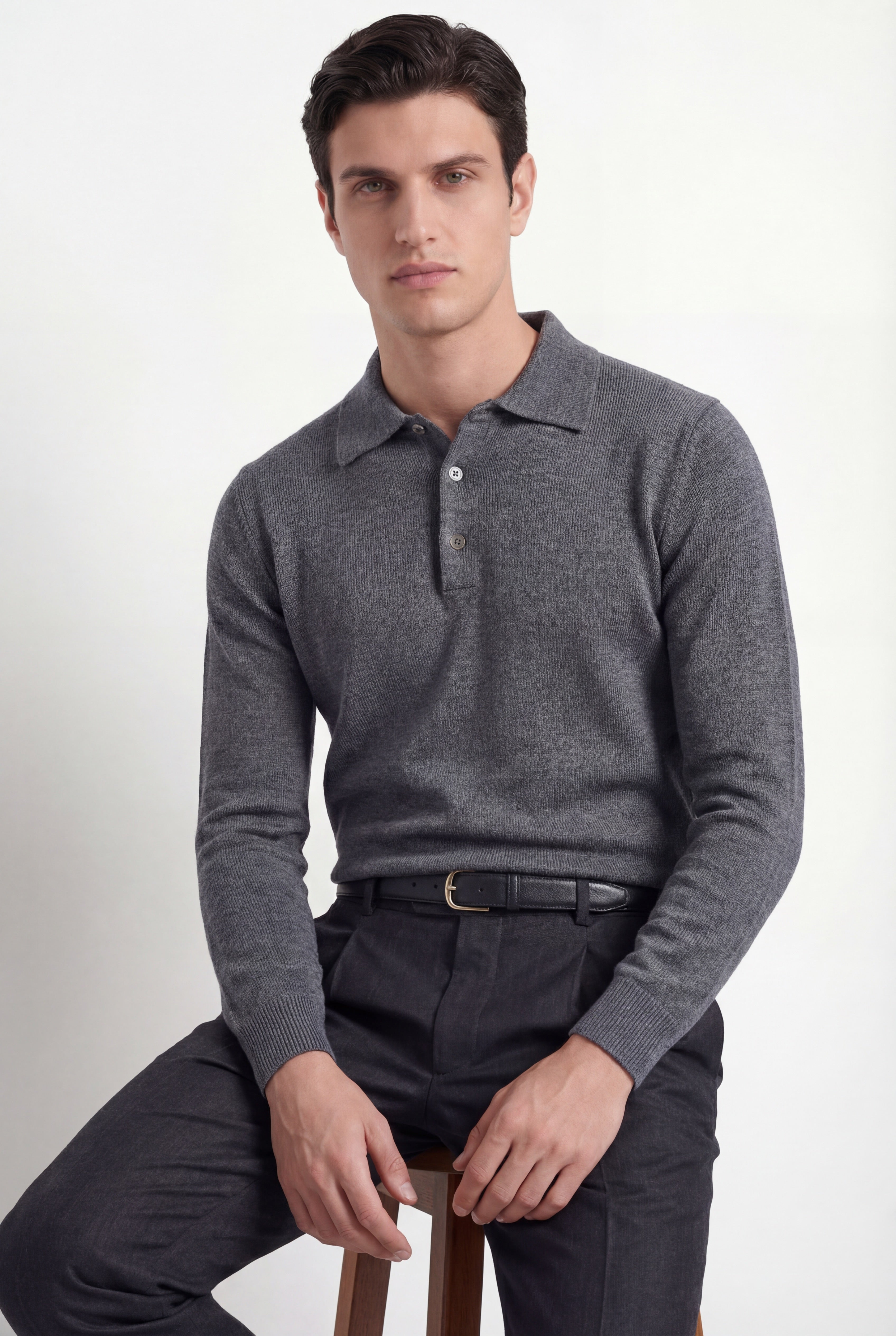 Merino Knit Polo – Mid Grey – 100% Superfine Virgin Wool - Gabriel Collezione