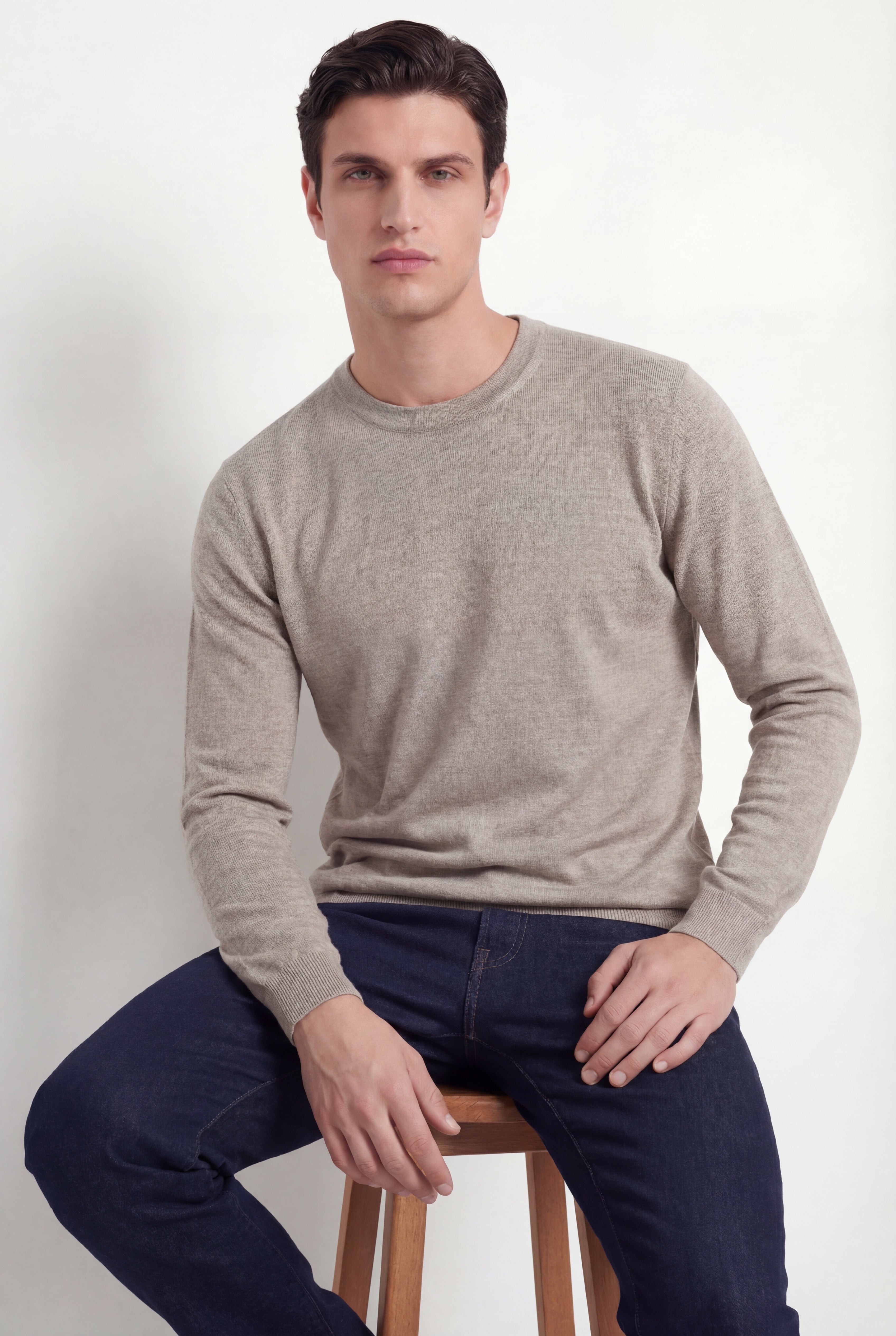 Pull à col rond – Sable – Mélange laine et soie