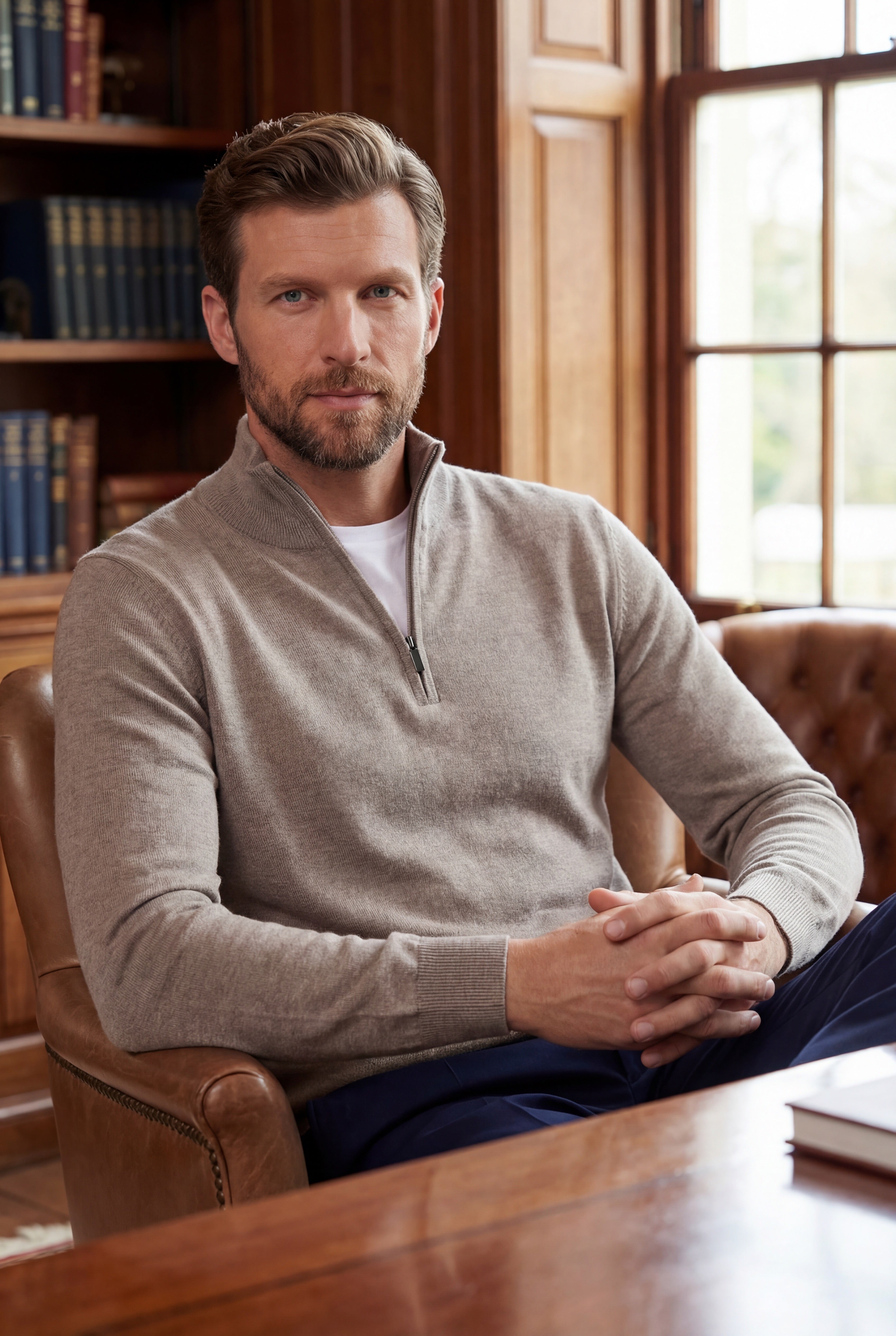 Half-Zip Knit Sweater – Taupe – 100% Extra-Fine Merino Wool - Gabriel Collezione