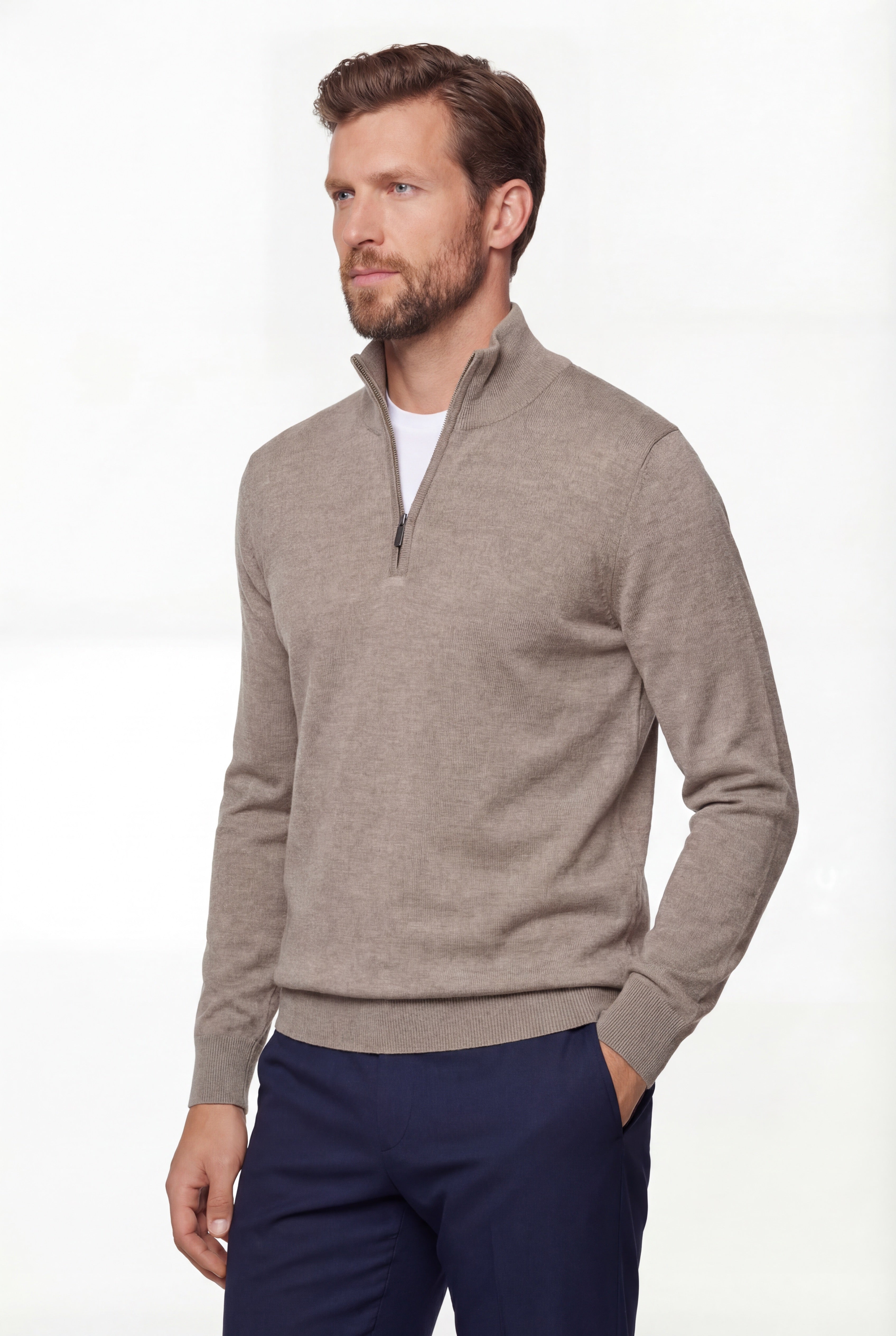 Half-Zip Knit Sweater – Taupe – 100% Extra-Fine Merino Wool - Gabriel Collezione
