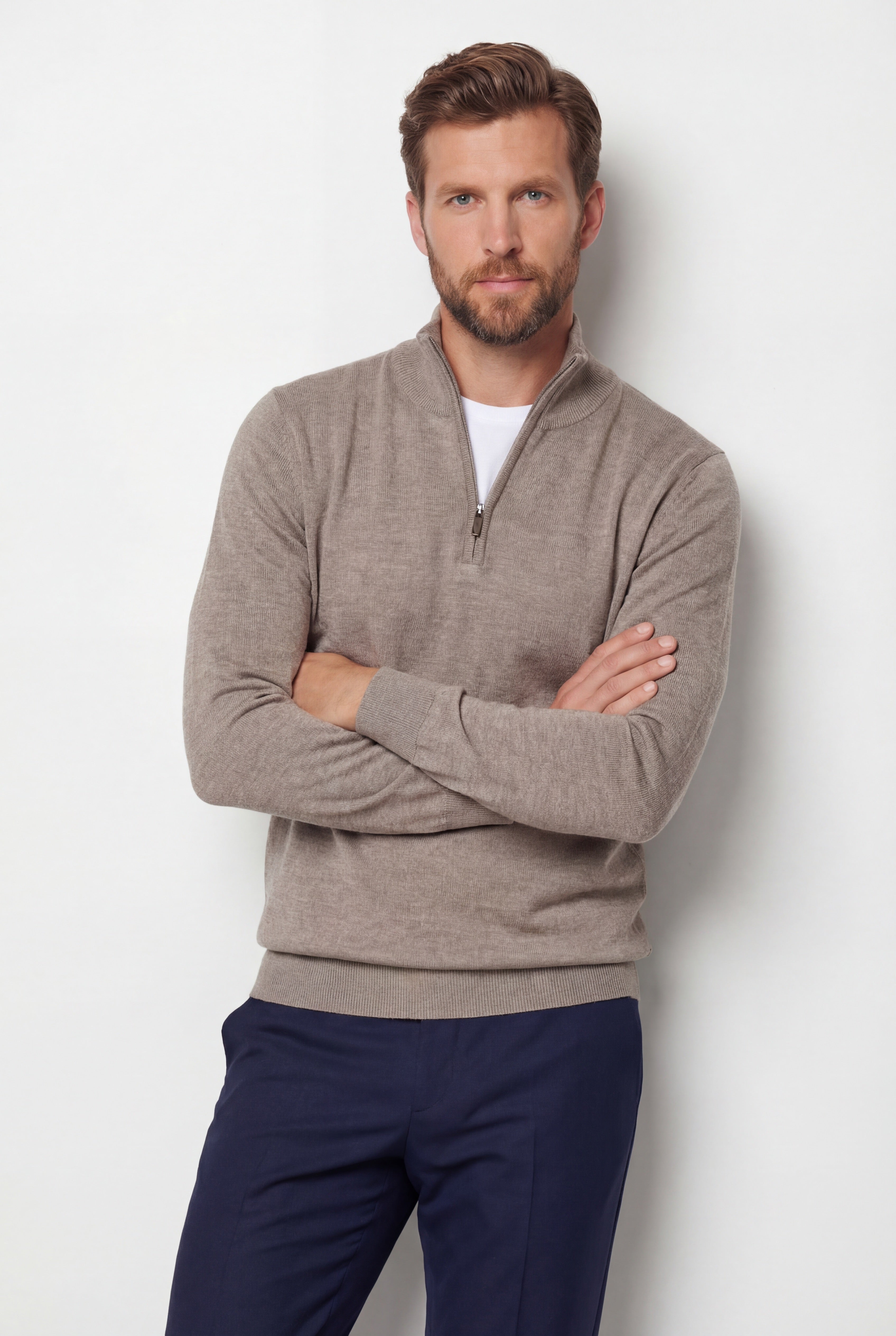 Half-Zip Knit Sweater – Taupe – 100% Extra-Fine Merino Wool - Gabriel Collezione