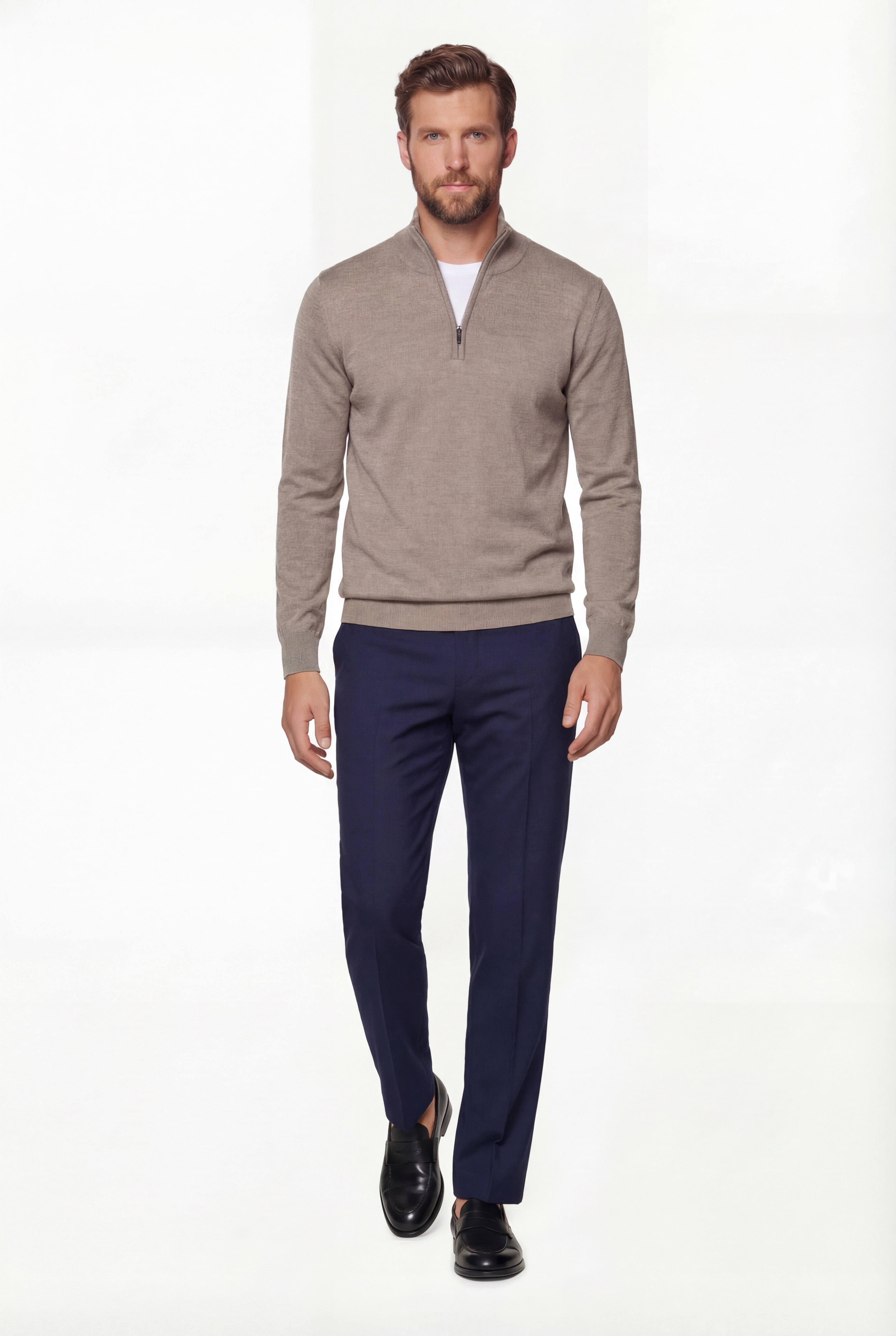Half-Zip Knit Sweater – Taupe – 100% Extra-Fine Merino Wool - Gabriel Collezione