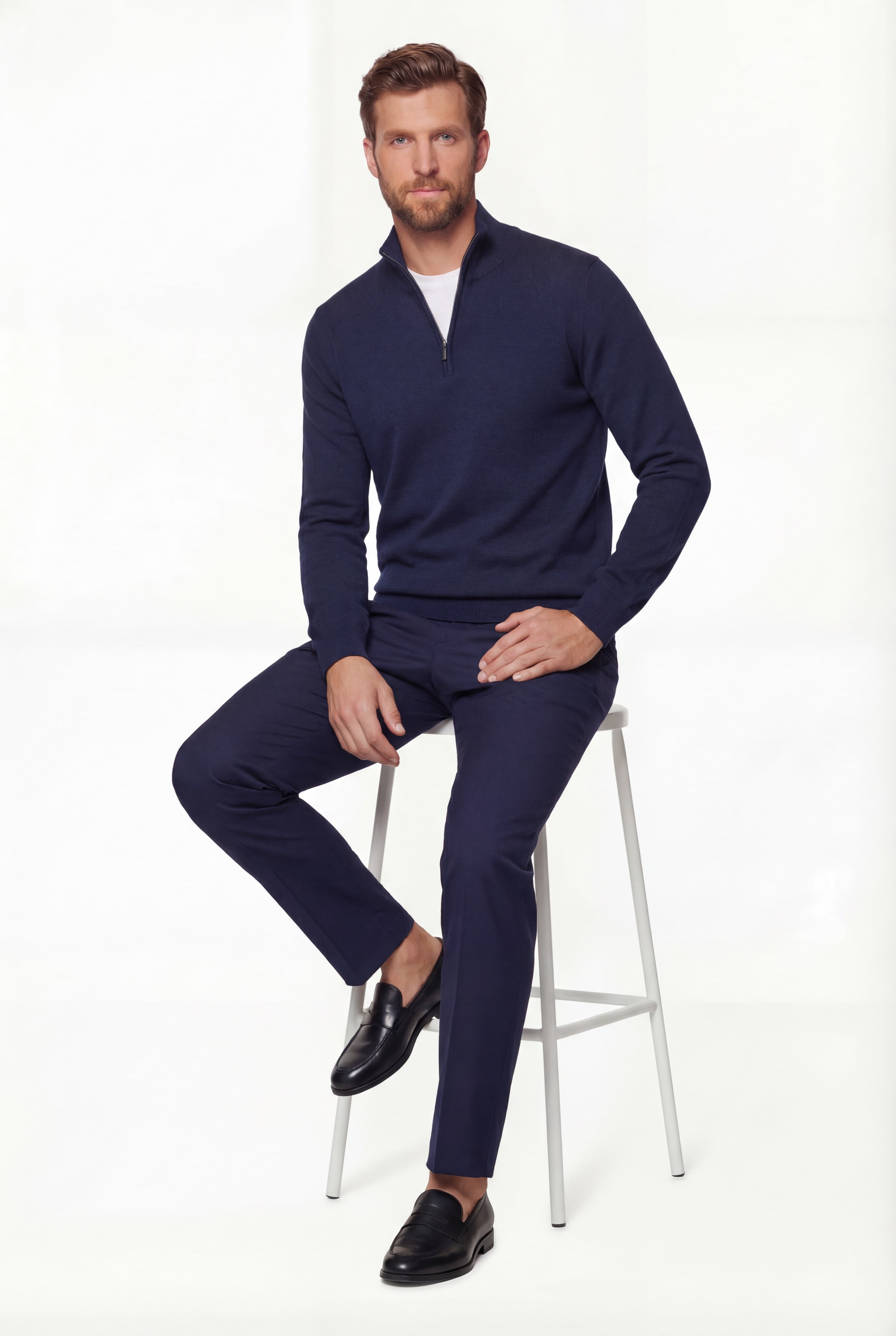Half-Zip Knit Sweater – Navy Blue – 100% Extra-Fine Merino Wool