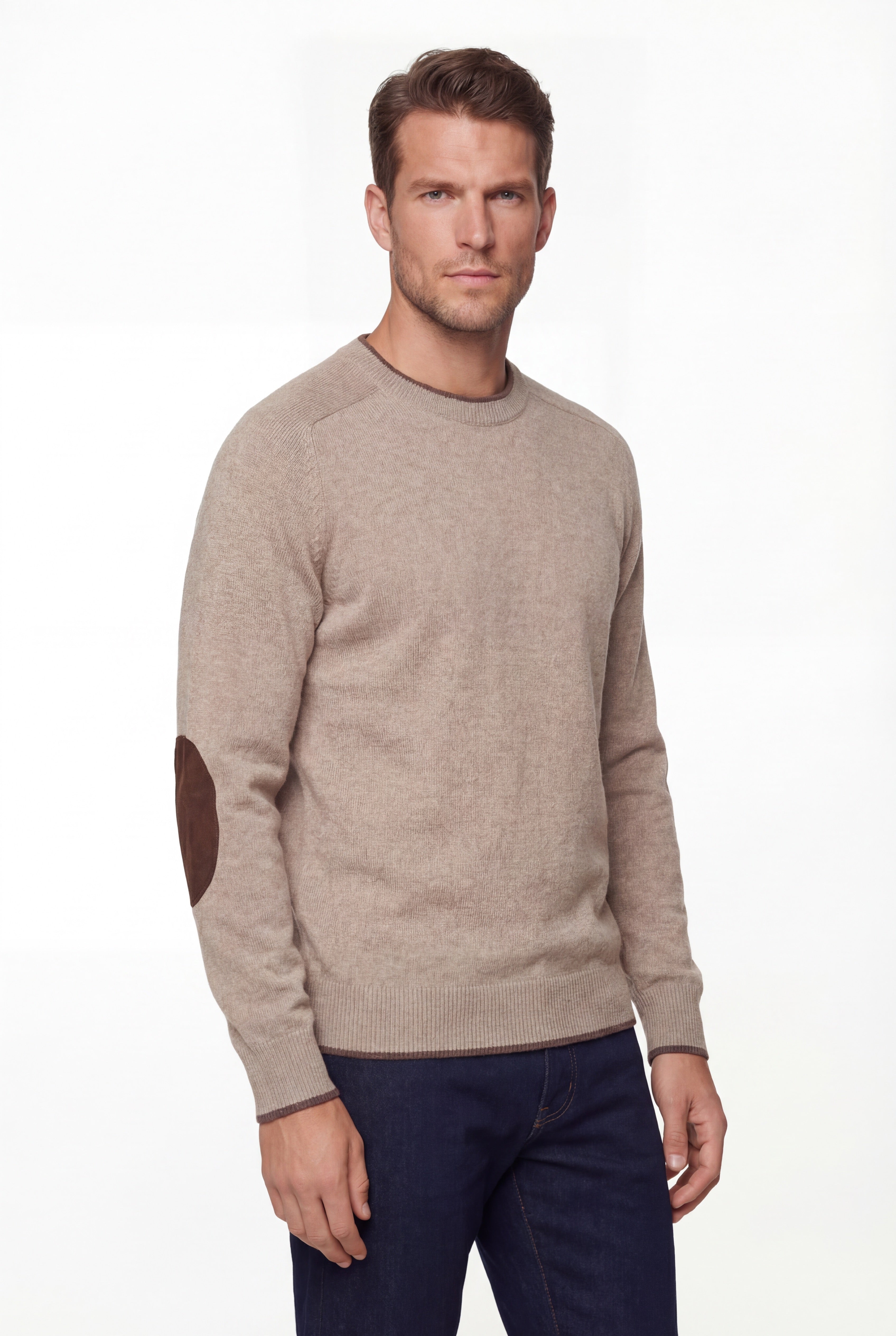 Crew Neck Knit Sweater – Beige – Merino Wool & Cashmere