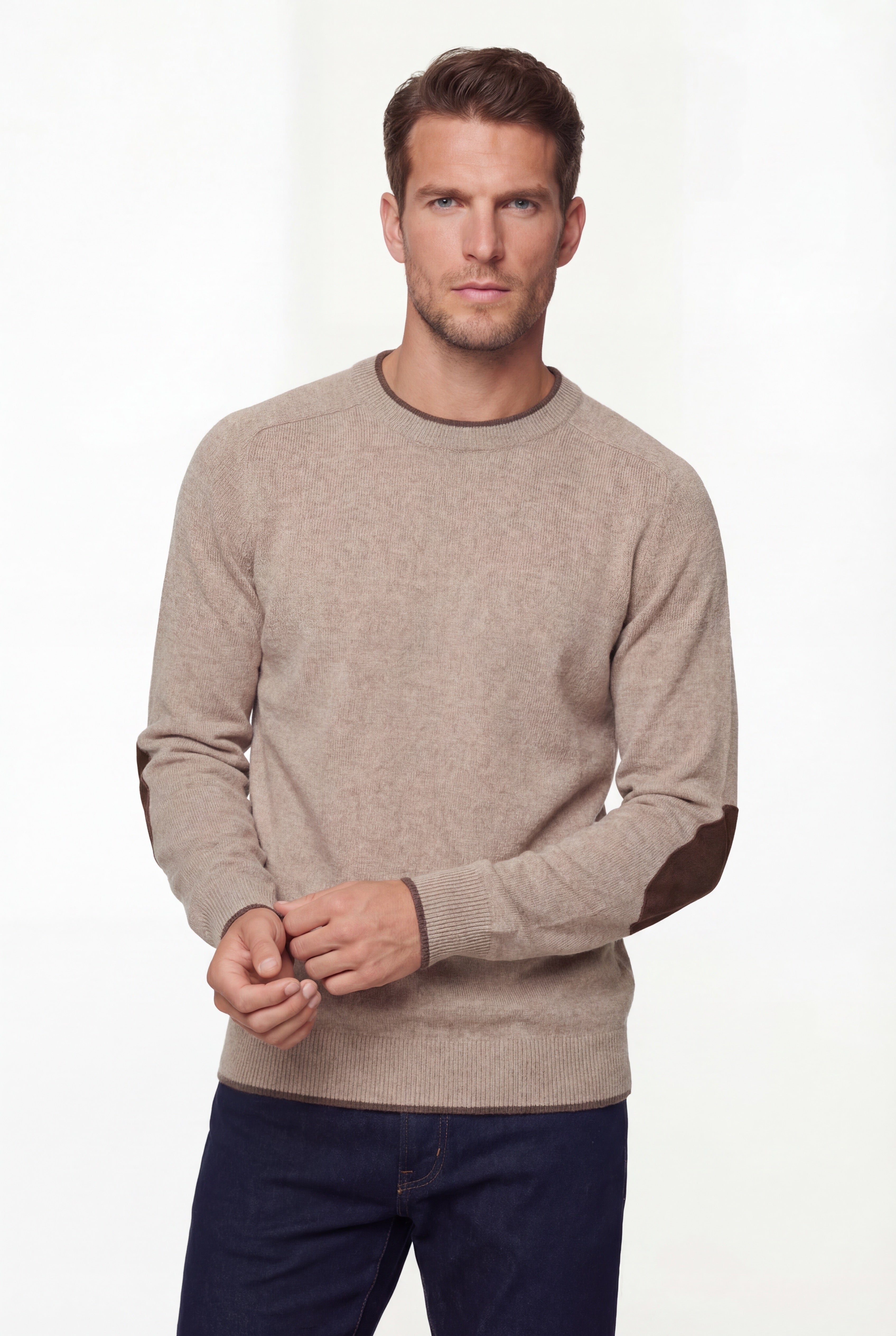 Pull à col rond – Beige – Mélange laine mérinos et cachemire