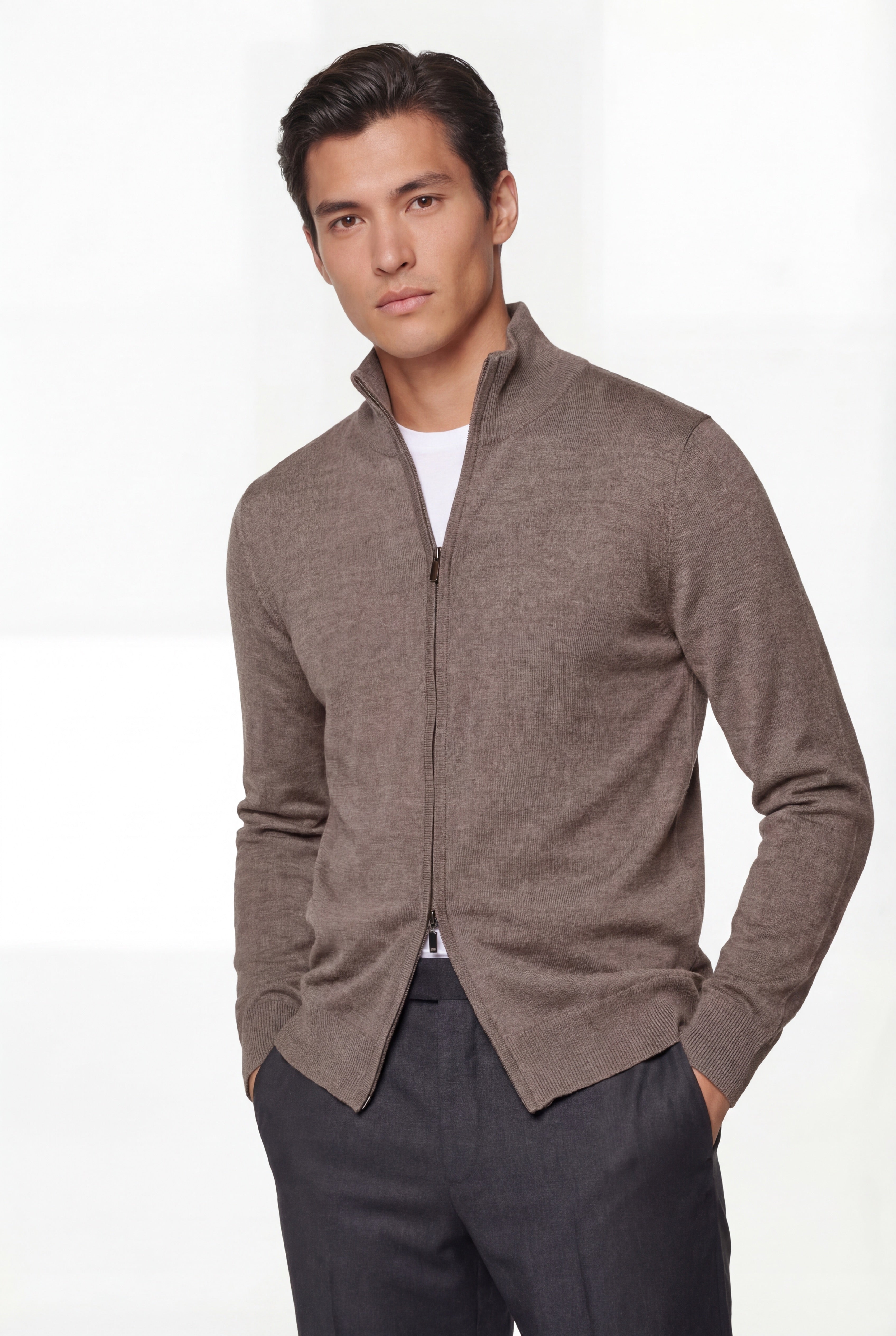 Zip Knit Cardigan – Taupe – 100% Extra-Fine Merino Wool - Gabriel Collezione