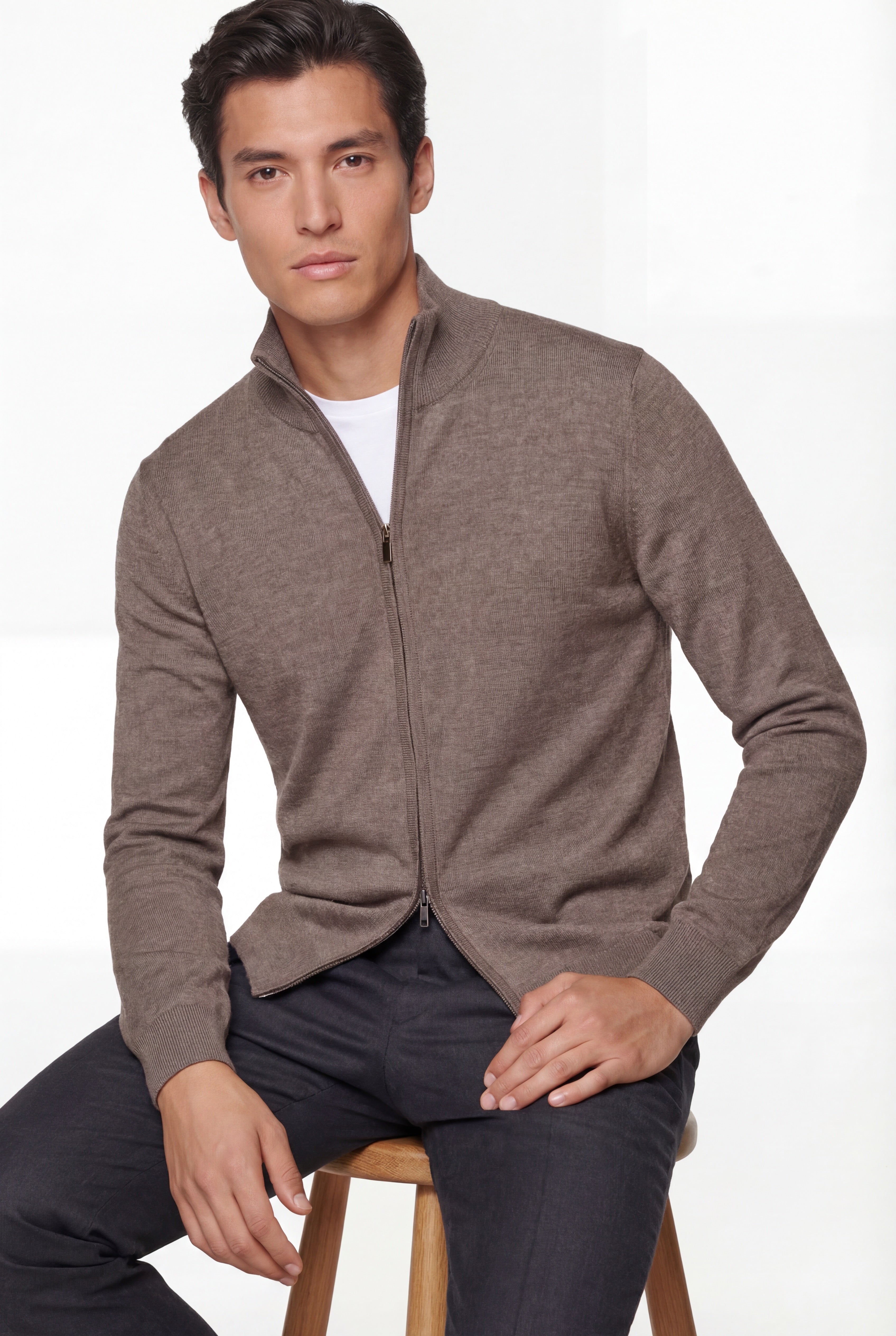 Zip Knit Cardigan – Taupe – 100% Extra-Fine Merino Wool - Gabriel Collezione